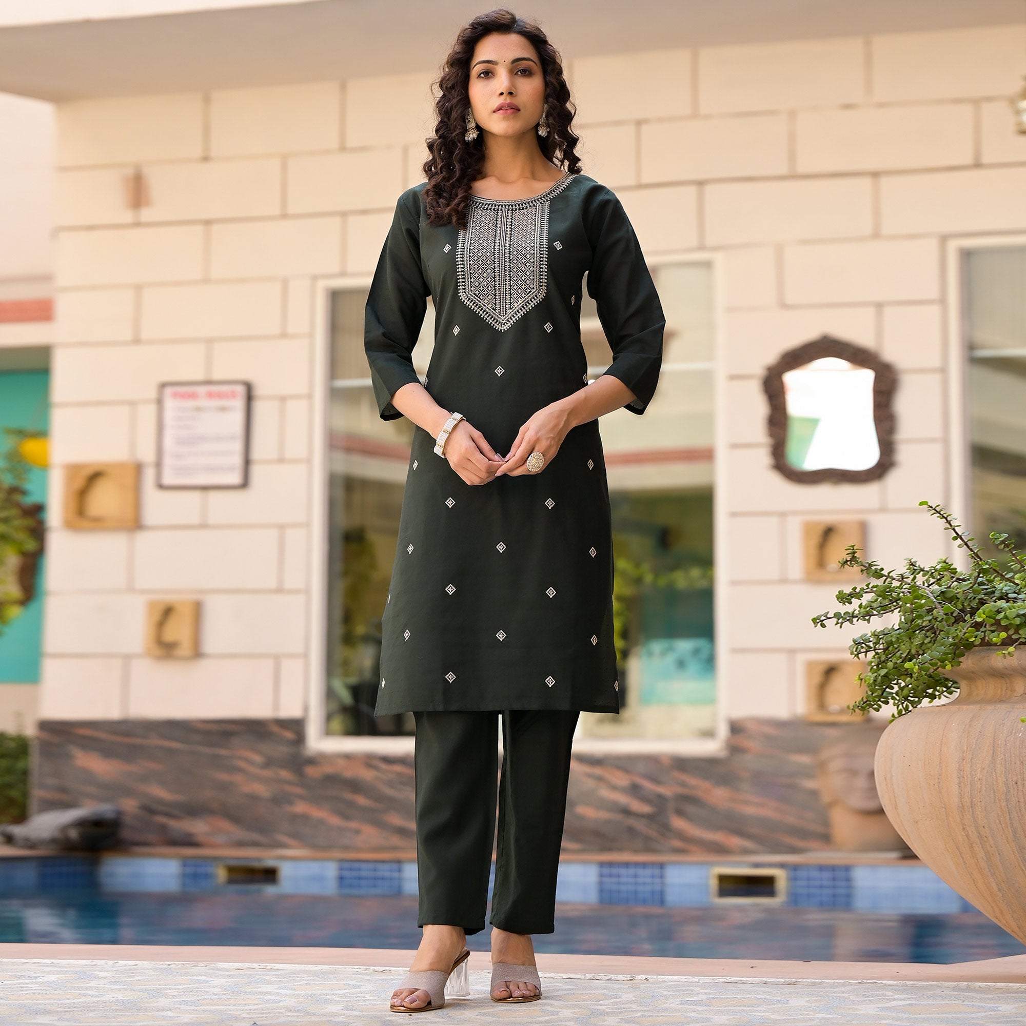 Olive Green Embroidered Viscose Straight Kurti Sets