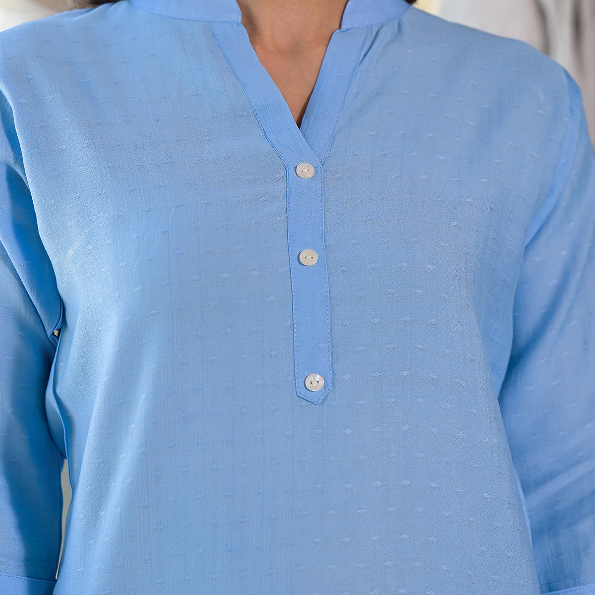 Sky Blue Solid Cotton Silk Straight Top