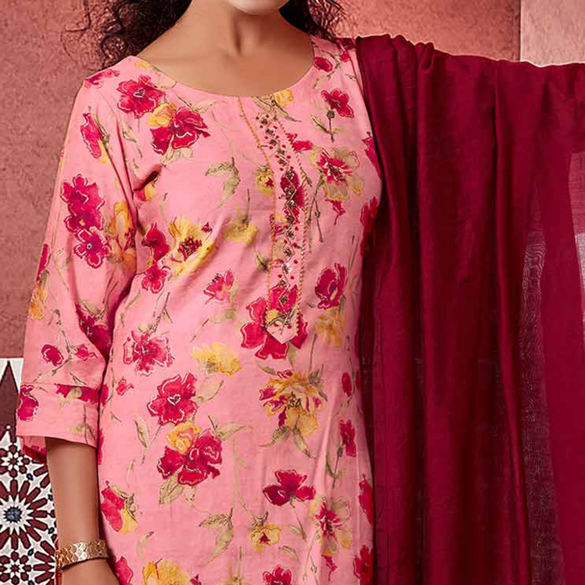 Pink Floral Foil Printed Modal Suit