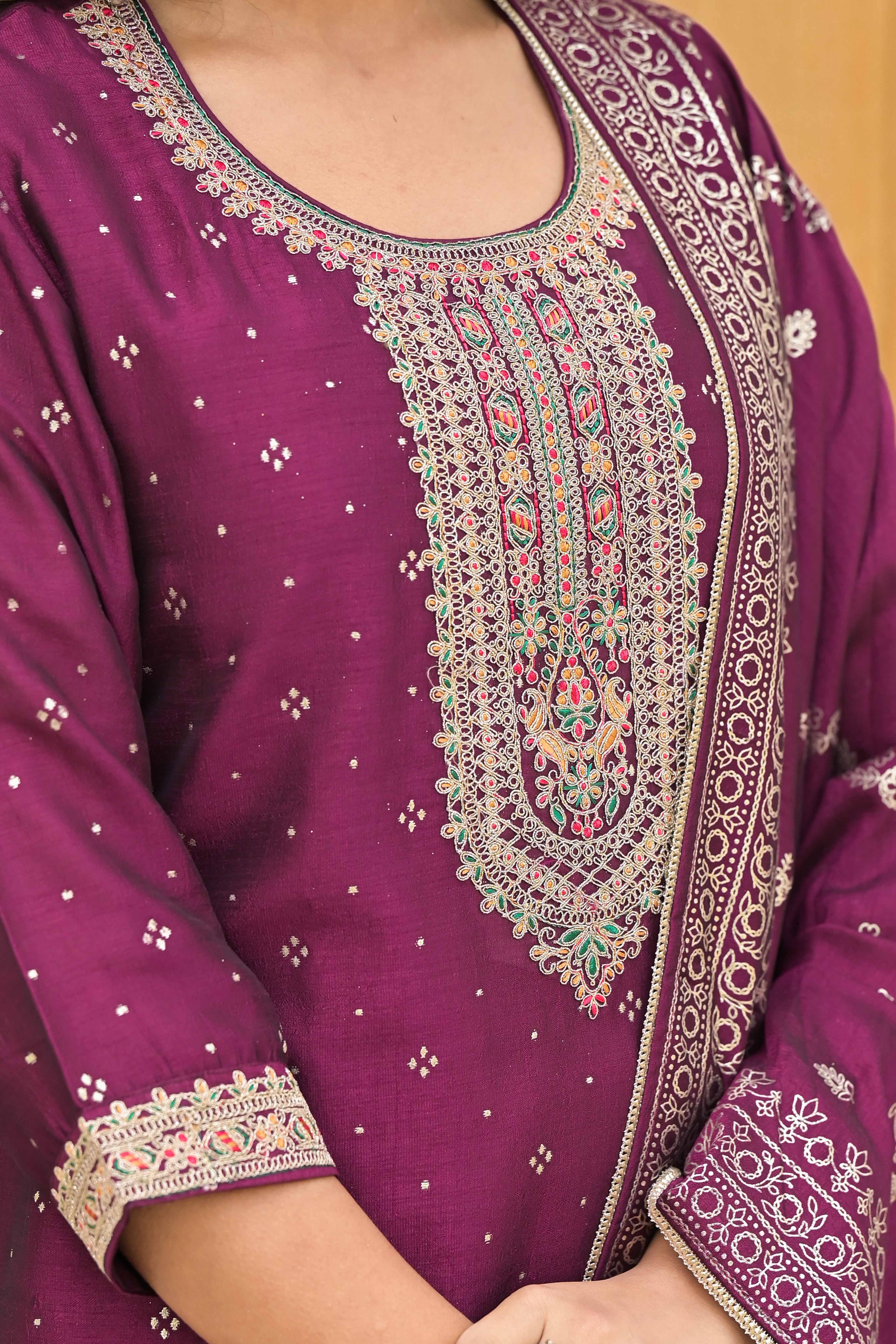 Dark Purple Golden Embroidered Vichitra Silk Salwar Suit