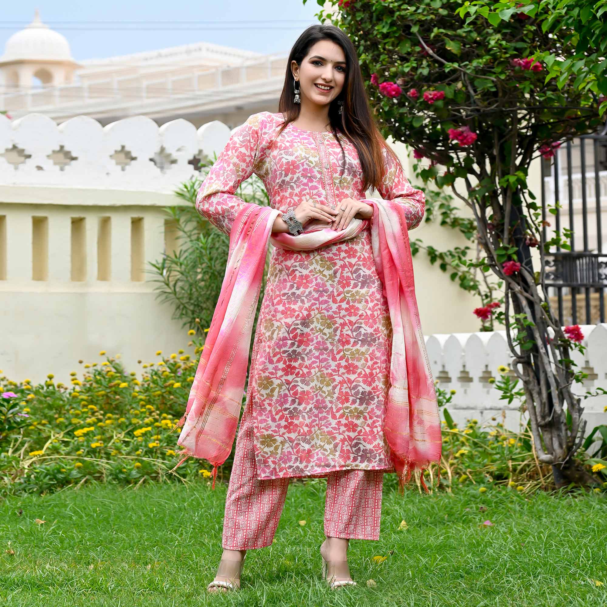 Pink Floral Printed Rayon Salwar Suit