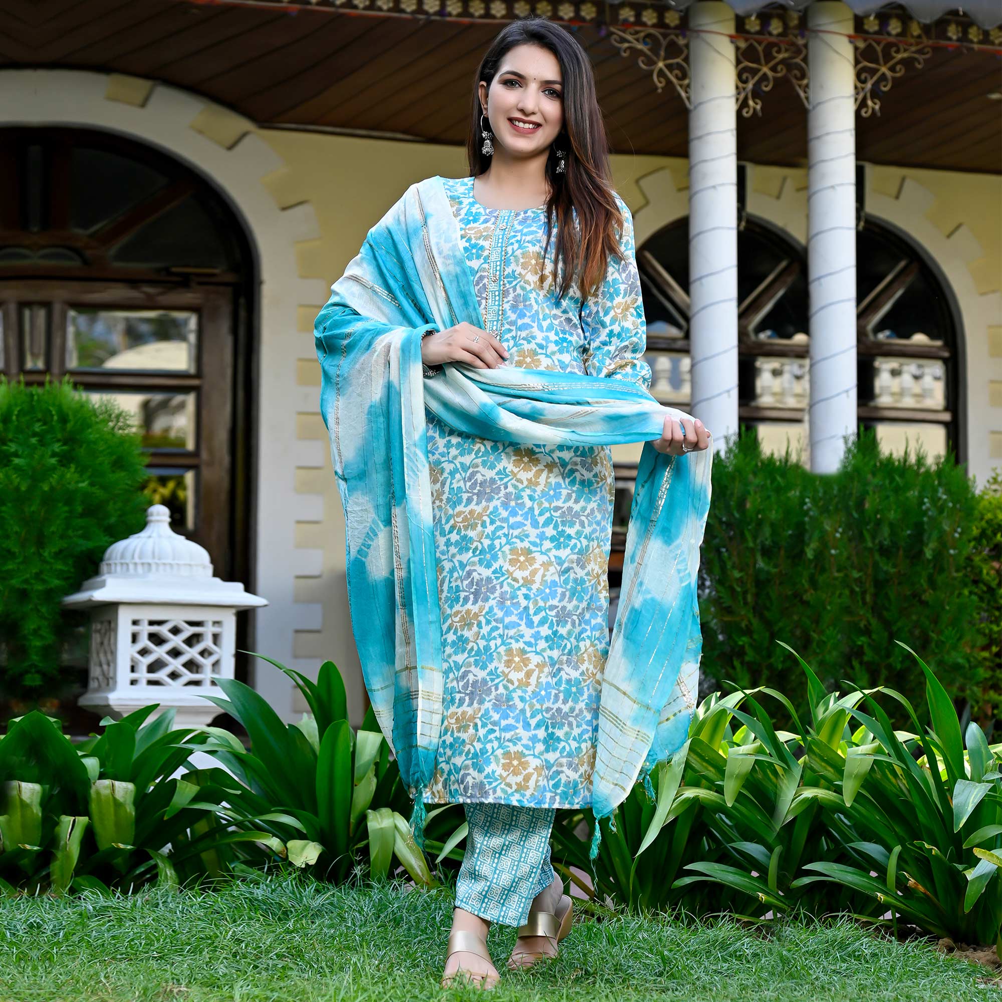 Blue Floral Printed Rayon Salwar Suit