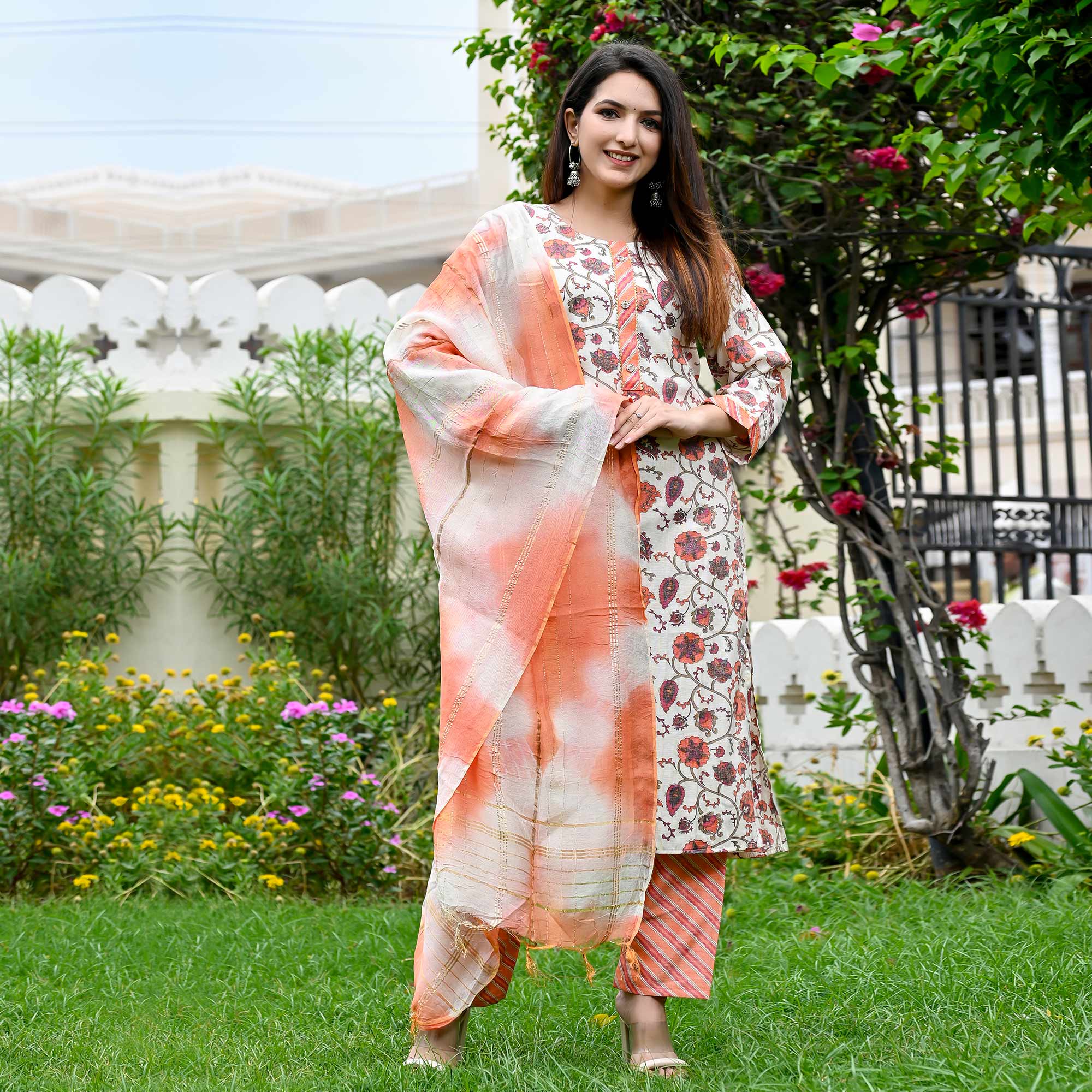 White Peach Floral Printed Rayon Salwar Suit