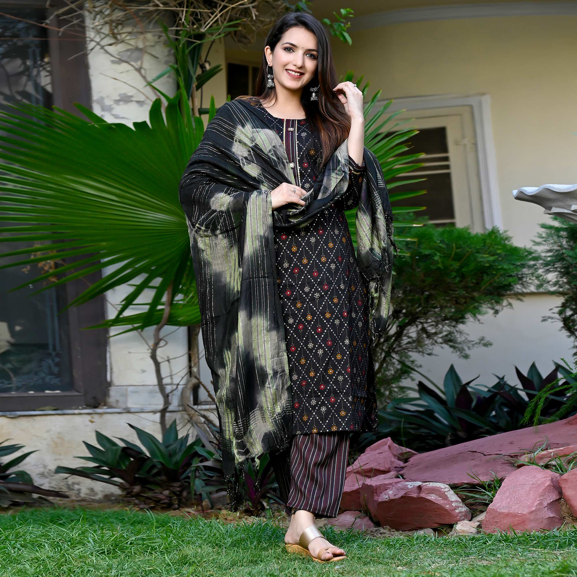 Black Foil Printed Rayon Suit