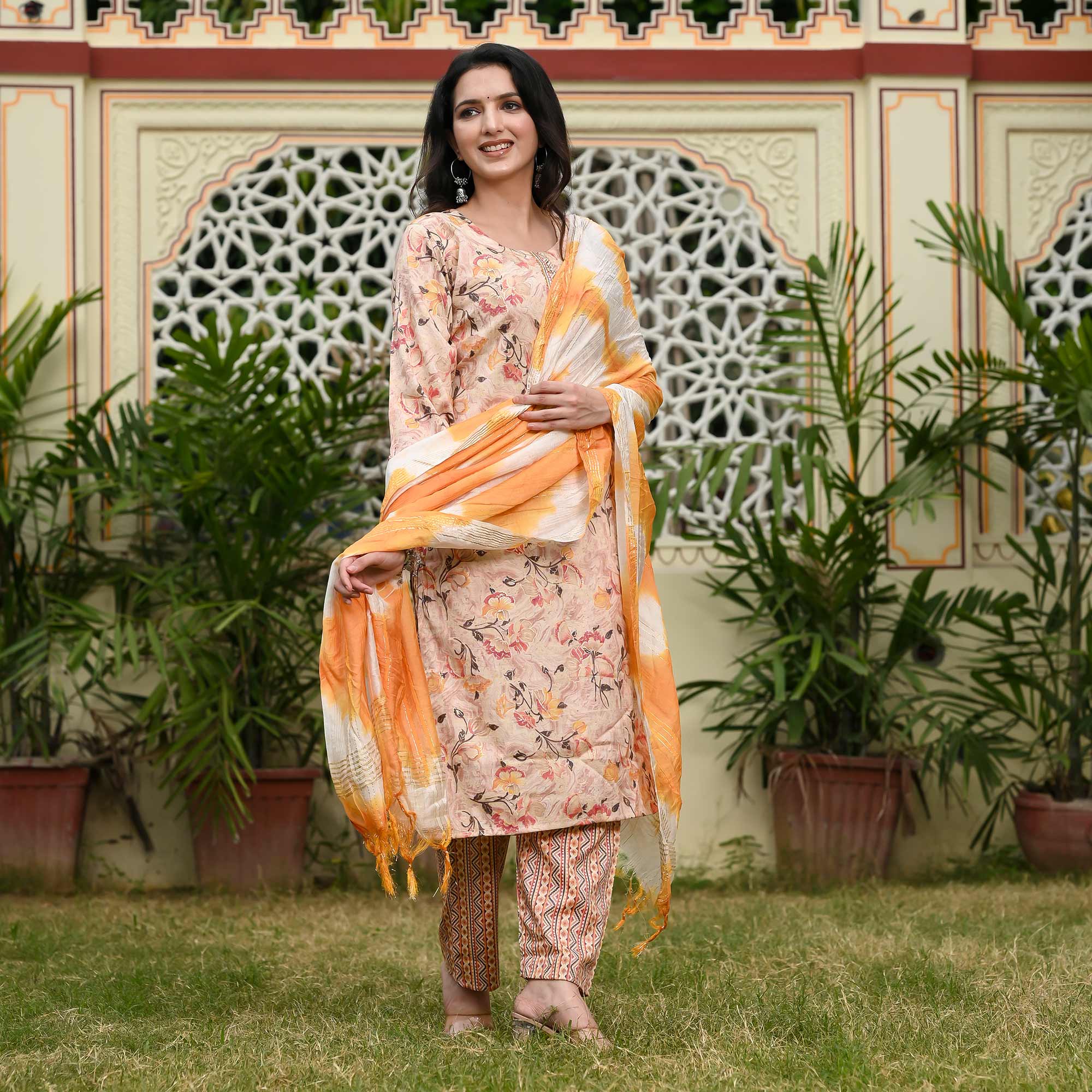 Peach Printed Rayon Suit