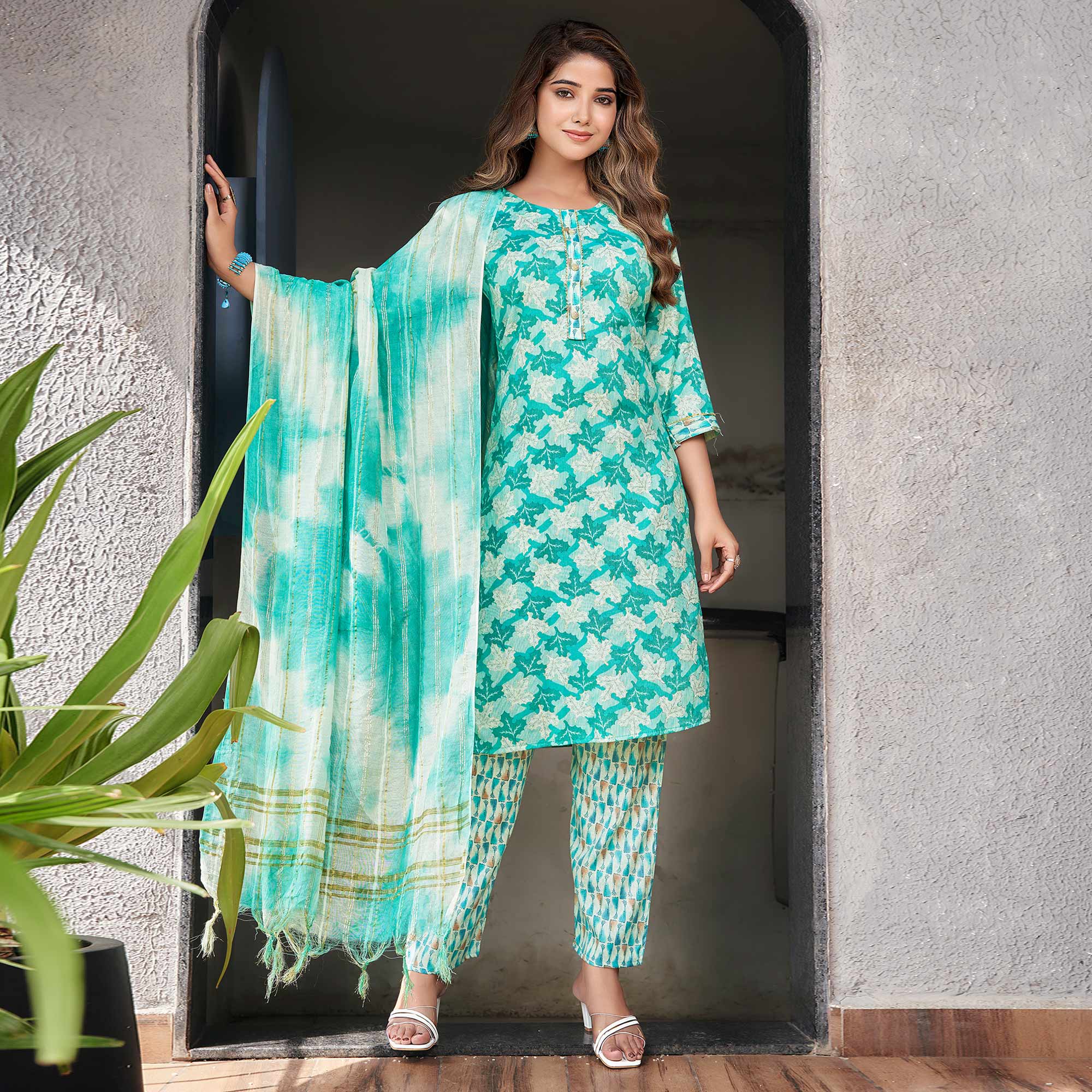 Turquoise Foil Printed Rayon Salwar Suit