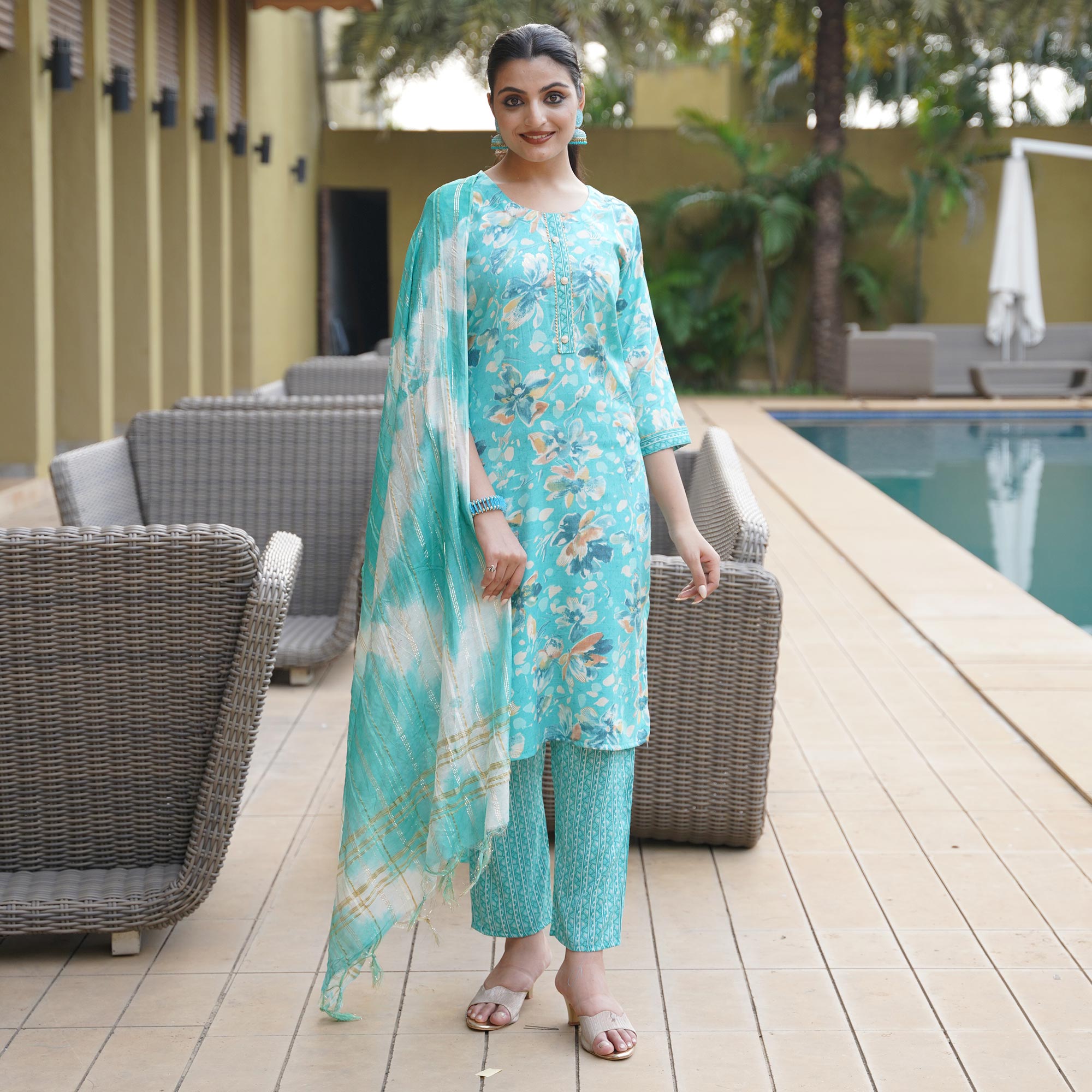 Turquoise Foil Printed Rayon Suit