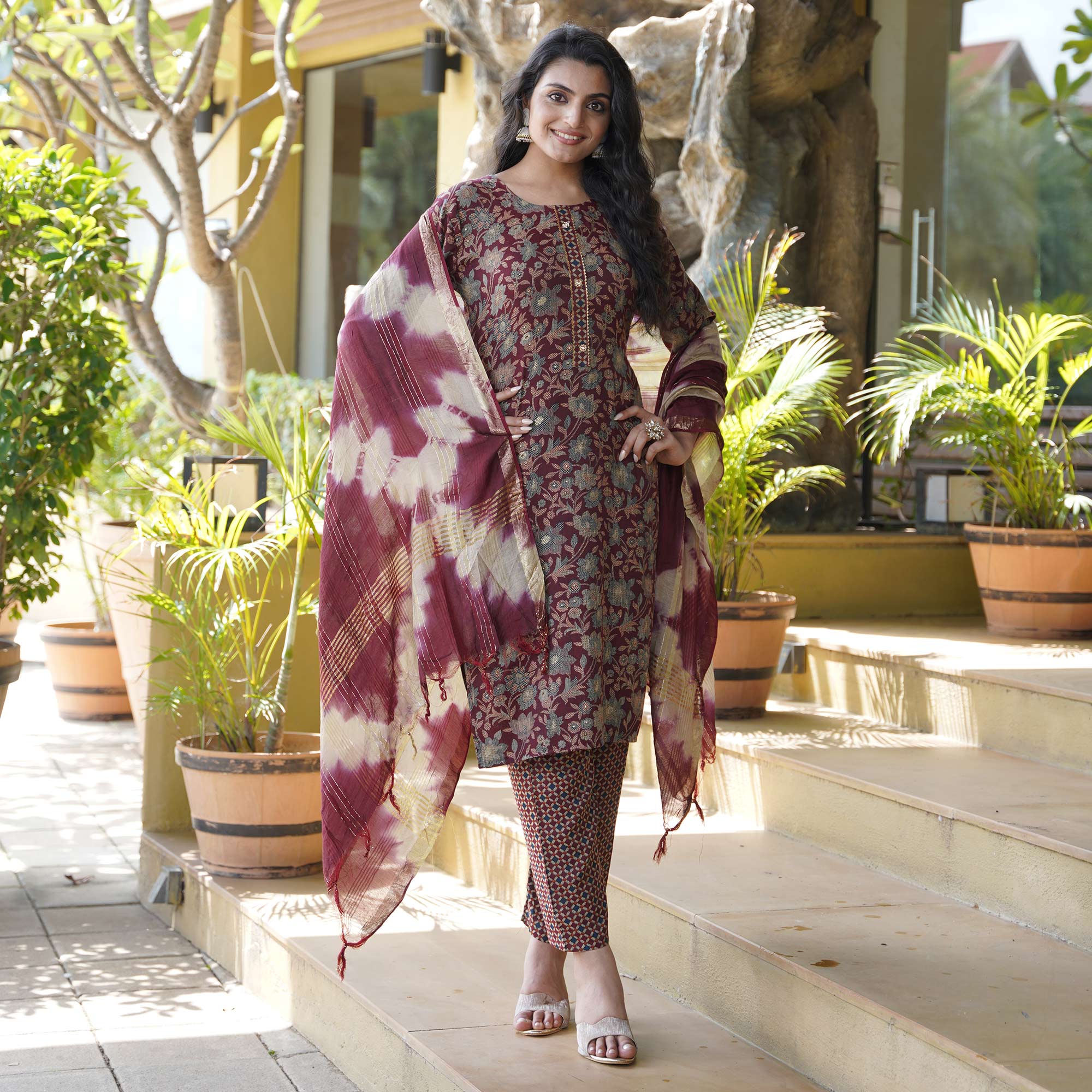 Maroon Foil Printed Rayon Suit