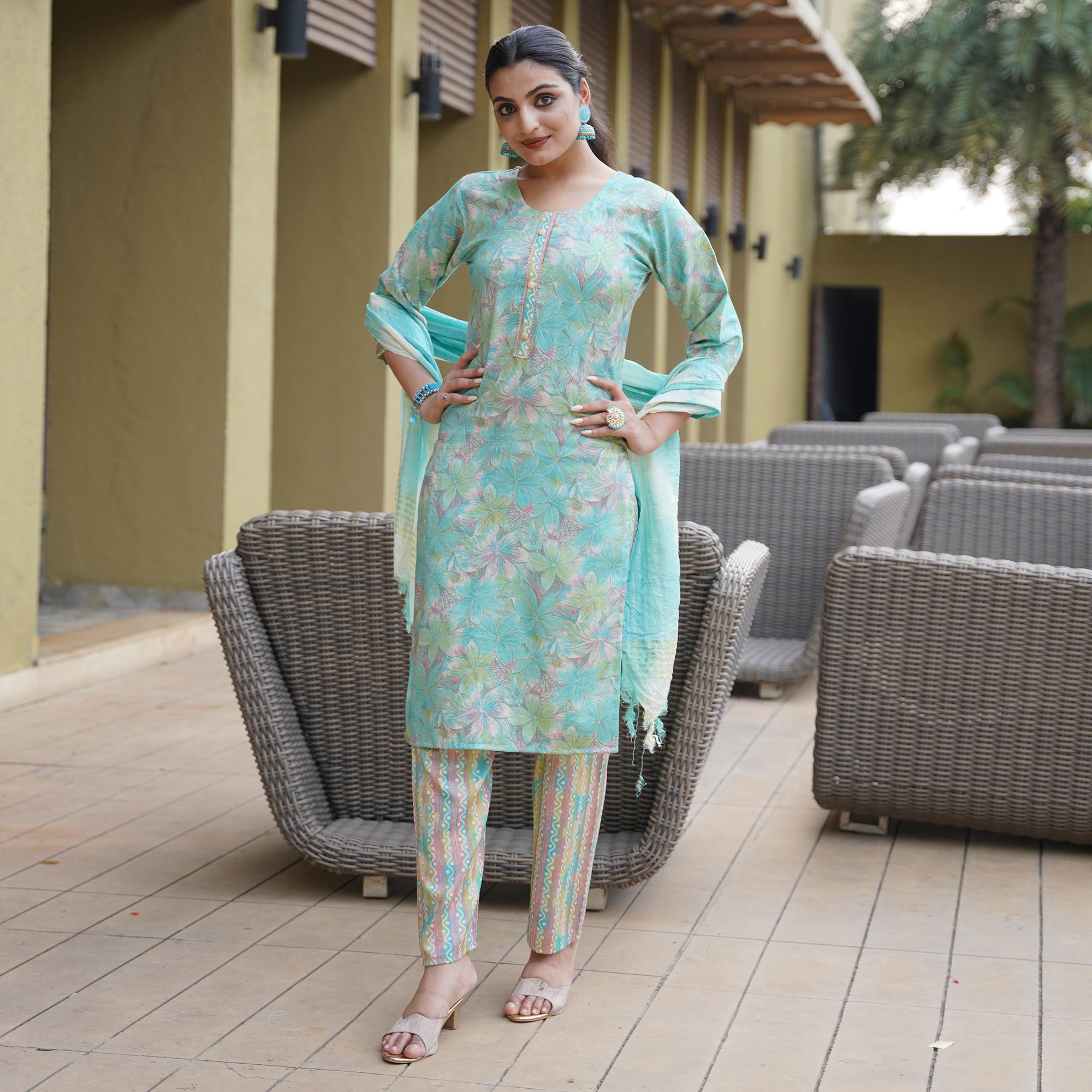 Sky Blue Foil Printed Rayon Suit