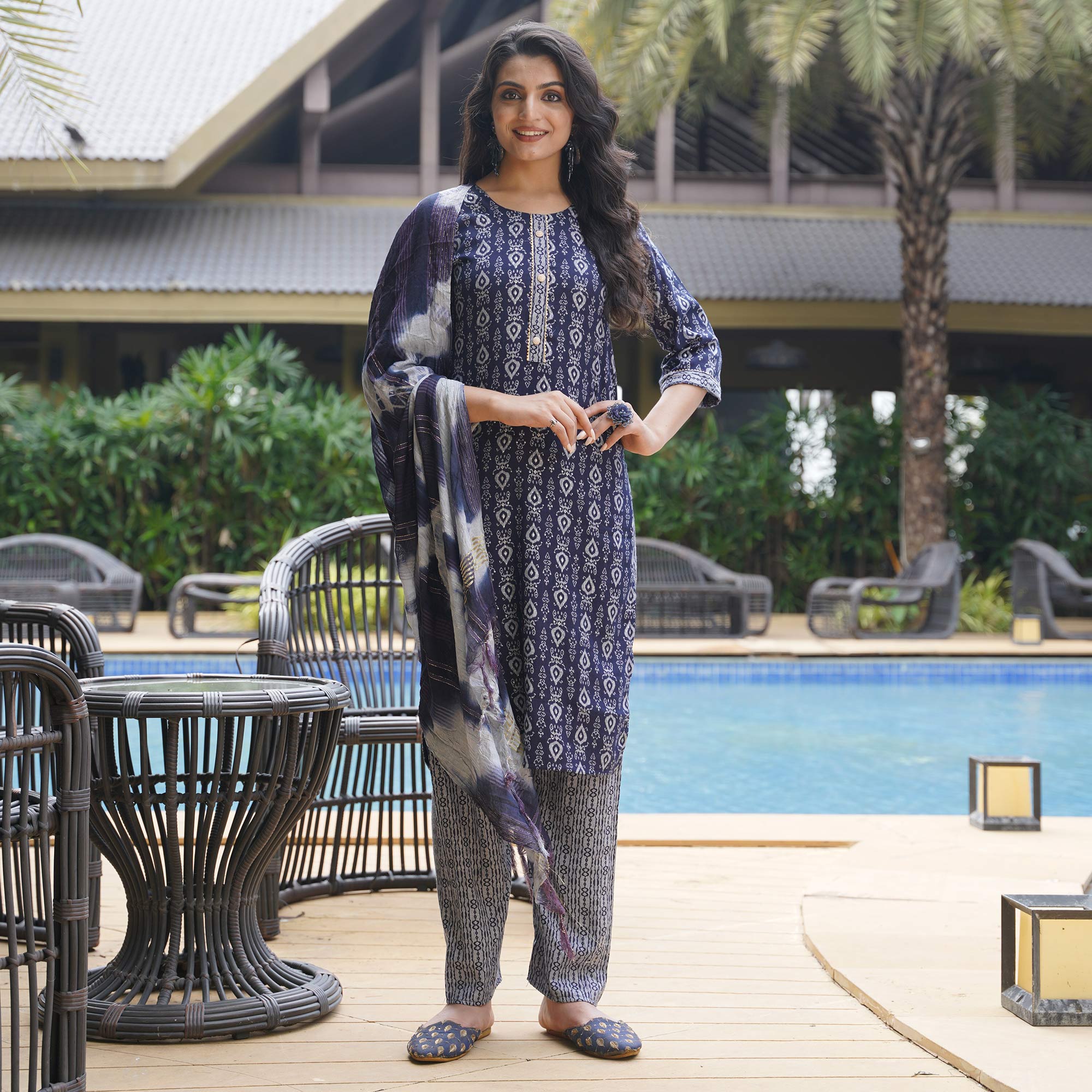 Navy Blue Foil Printed Rayon Suit