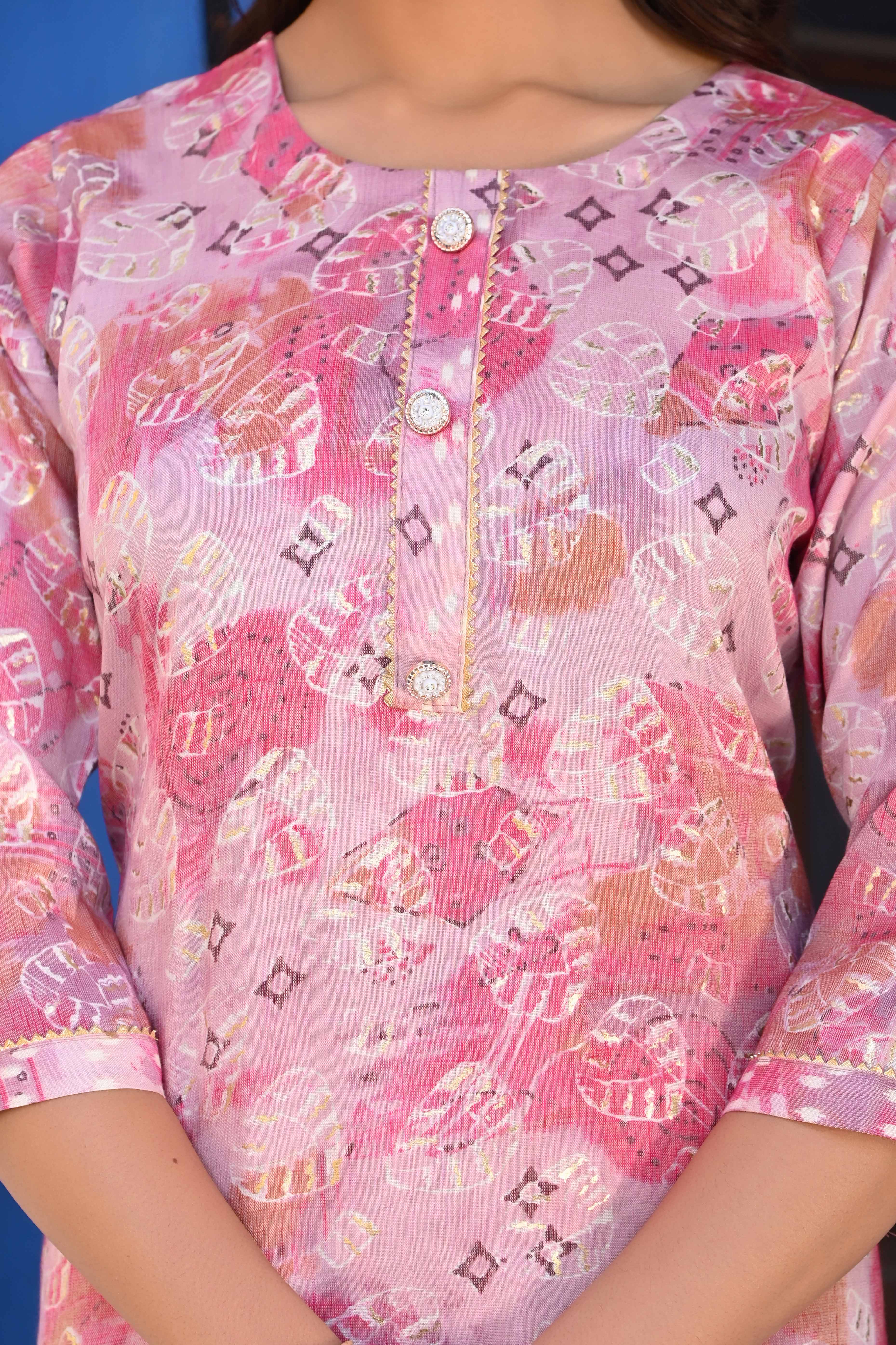 Baby Pink Floral Foil Printed Rayon Salwar Suit