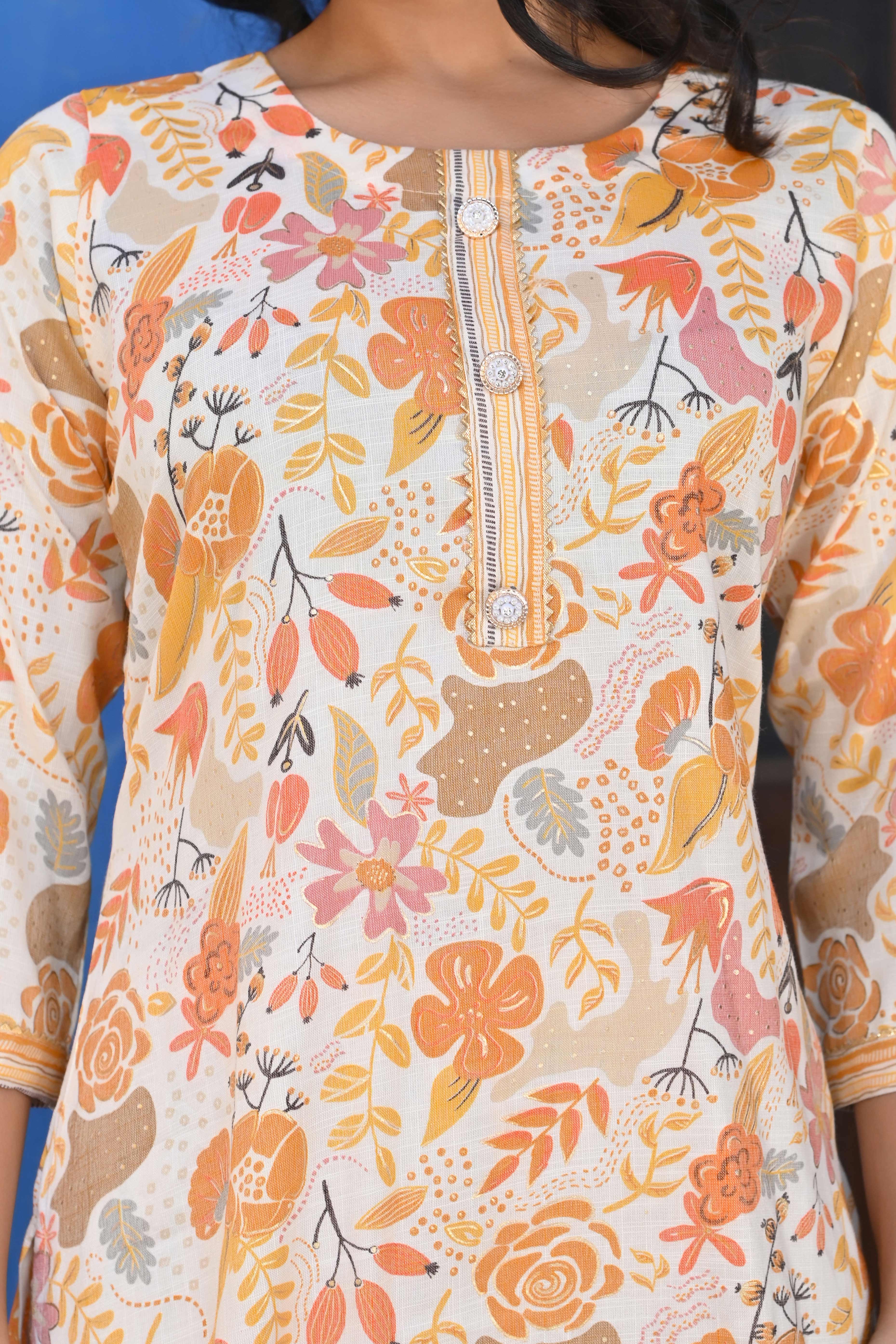 Cream & Yellow Floral Foil Printed Rayon Salwar Suit