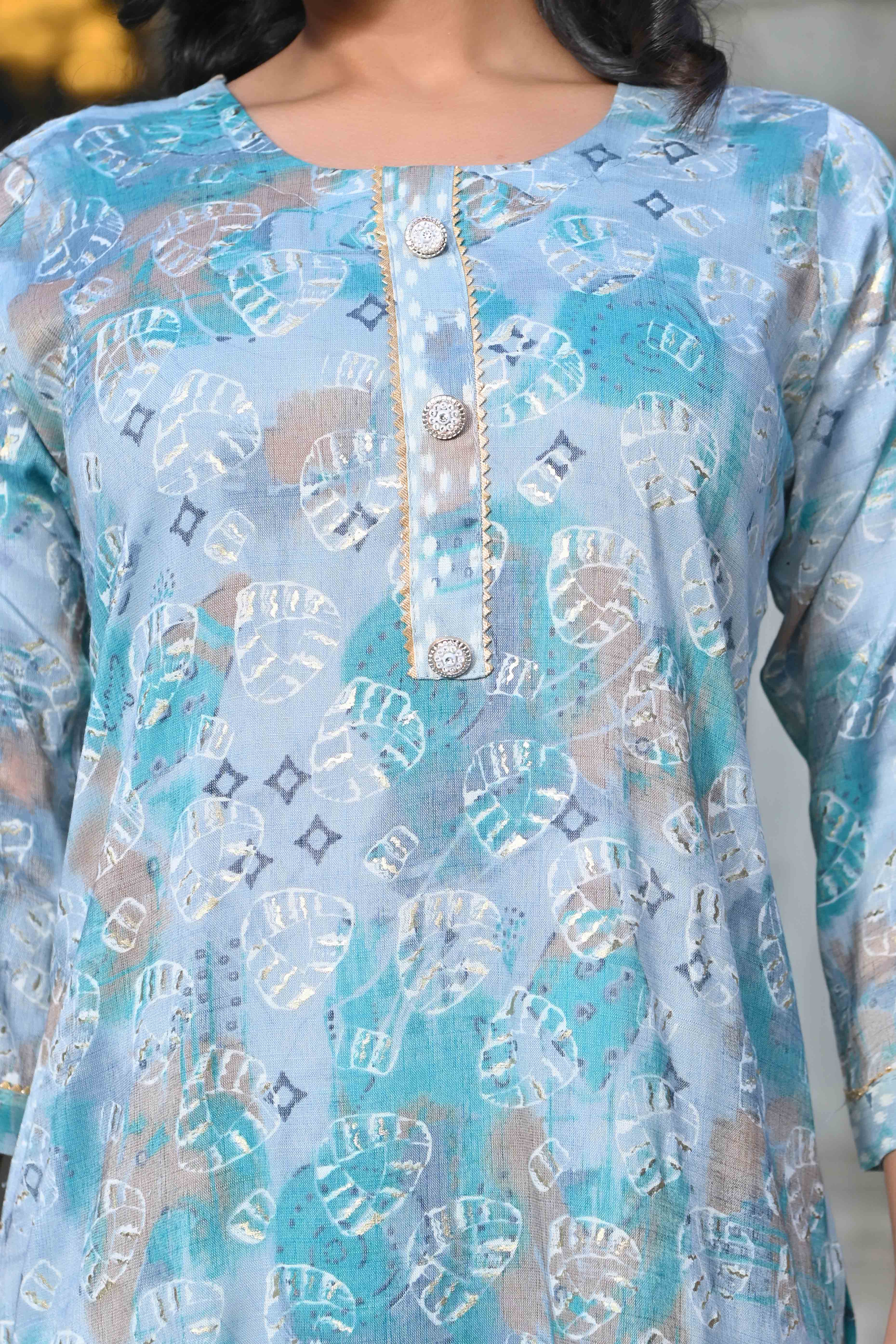 Grey & Turquoise Floral Foil Printed Rayon Salwar Suit