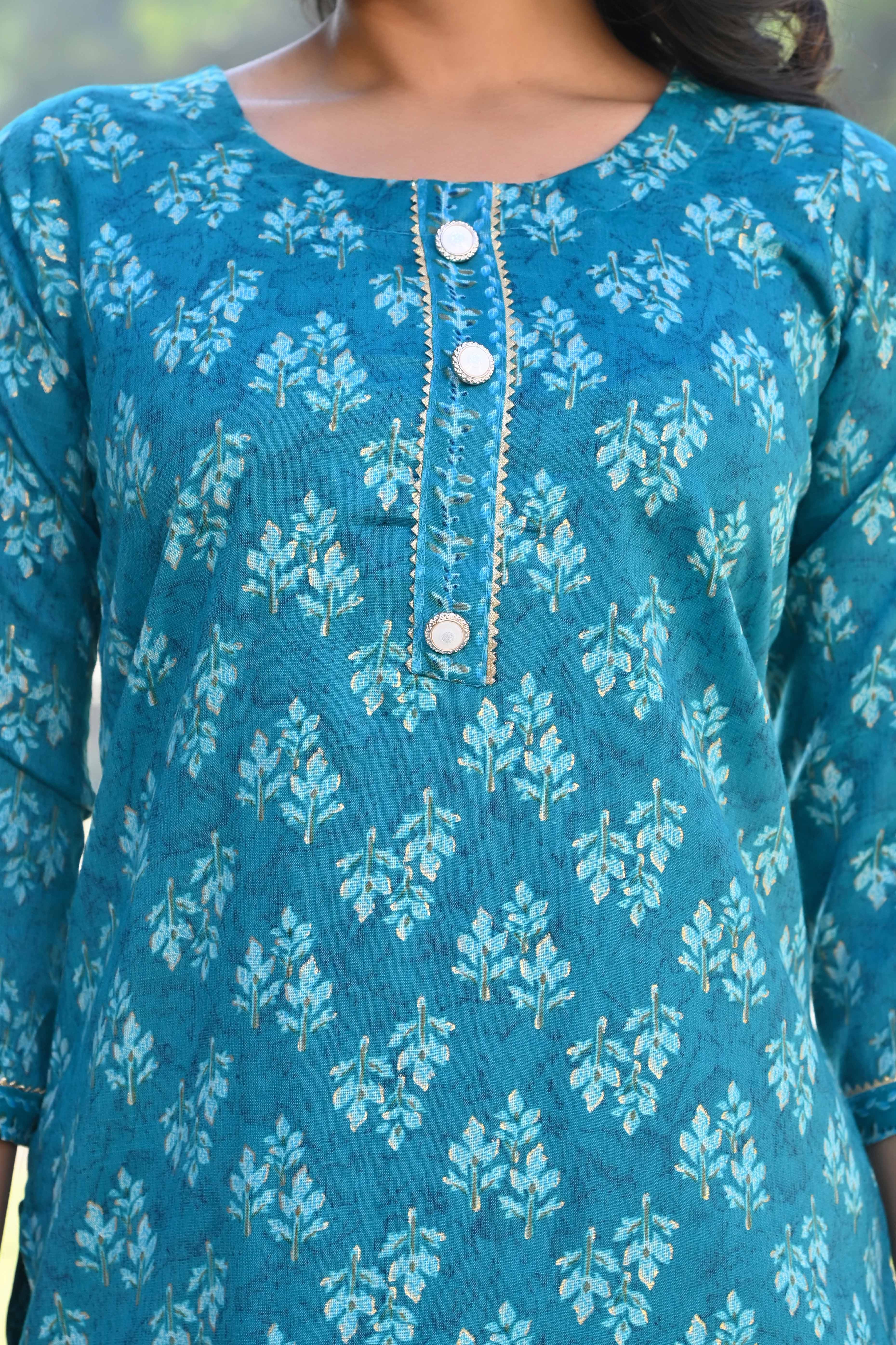 Turquoise Floral Foil Printed Rayon Salwar Suit