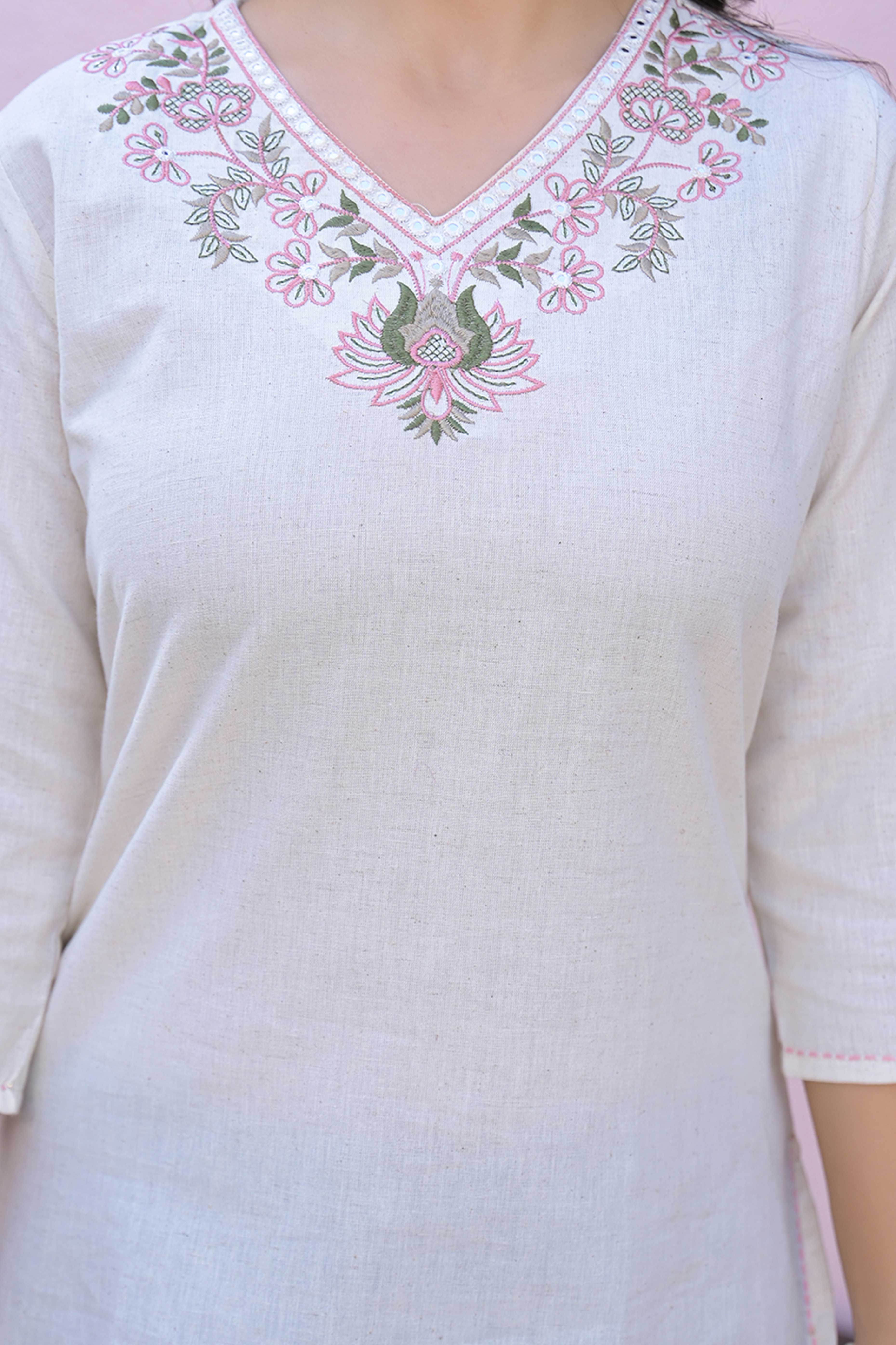 Soft Cream Floral Neck Embroidered Cotton Flex Top