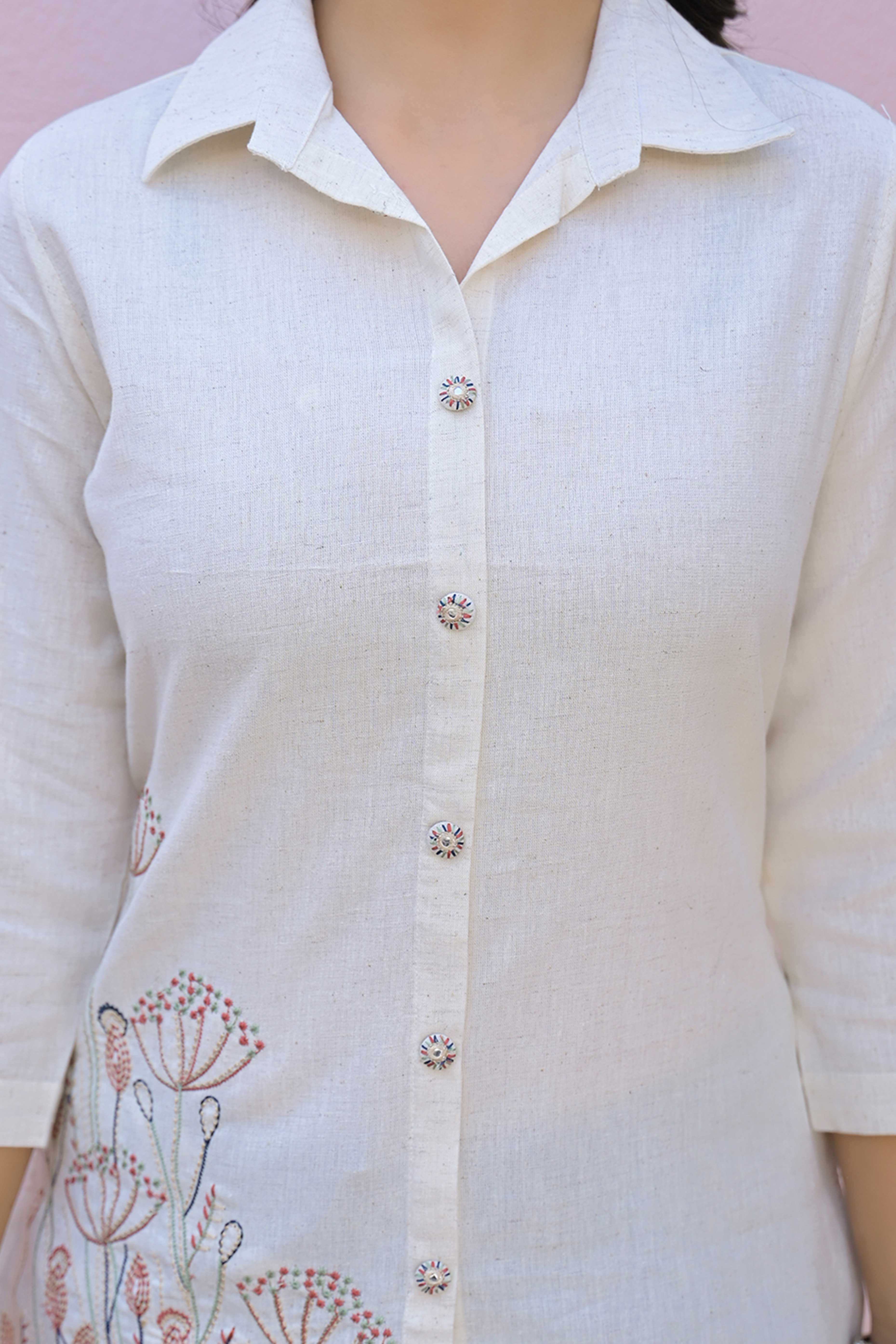 Cream Cotton Flex Straight Top with Elegant Floral Embroidery