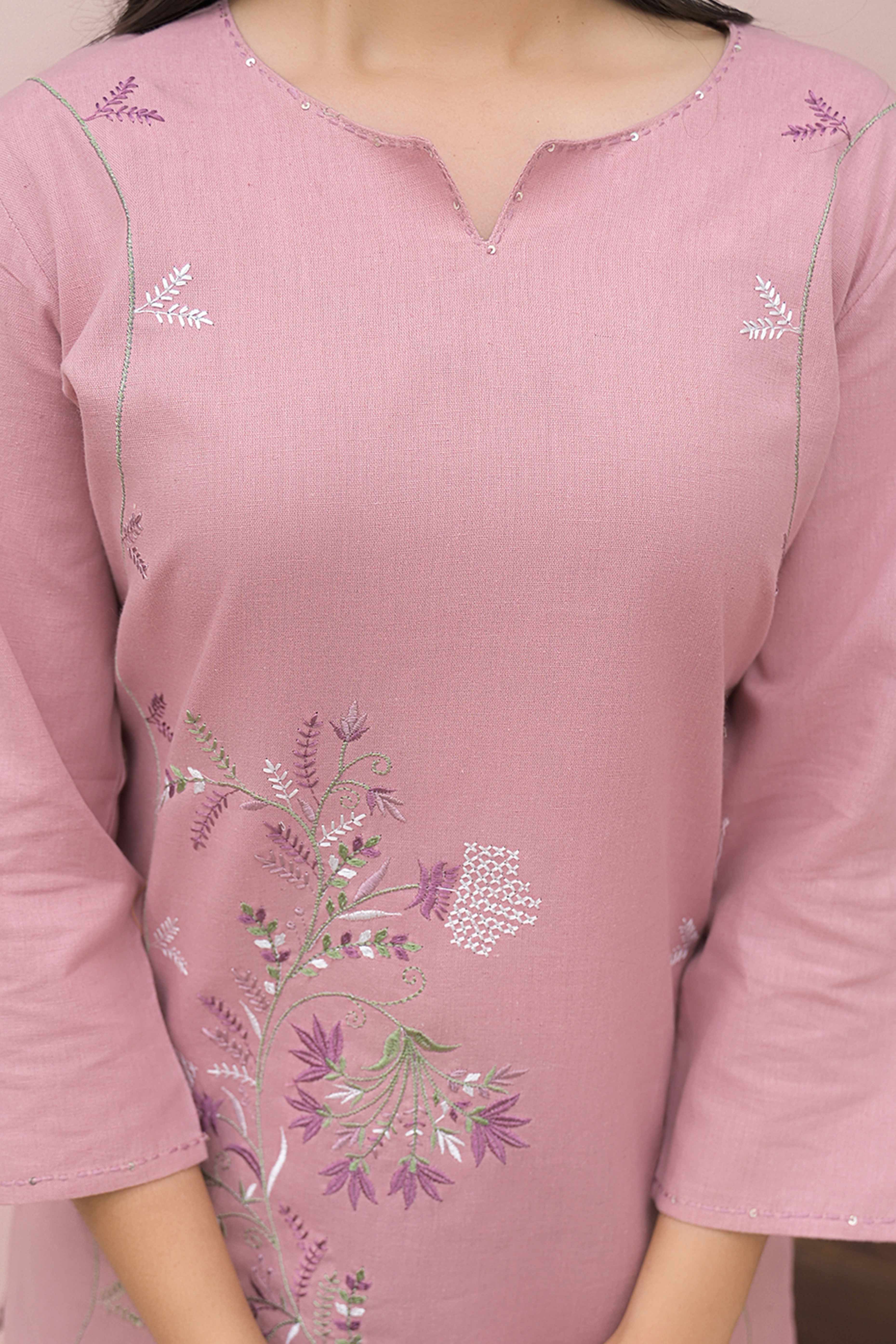 Peach Straight Fit Cotton Top with Intricate Floral Embroidery