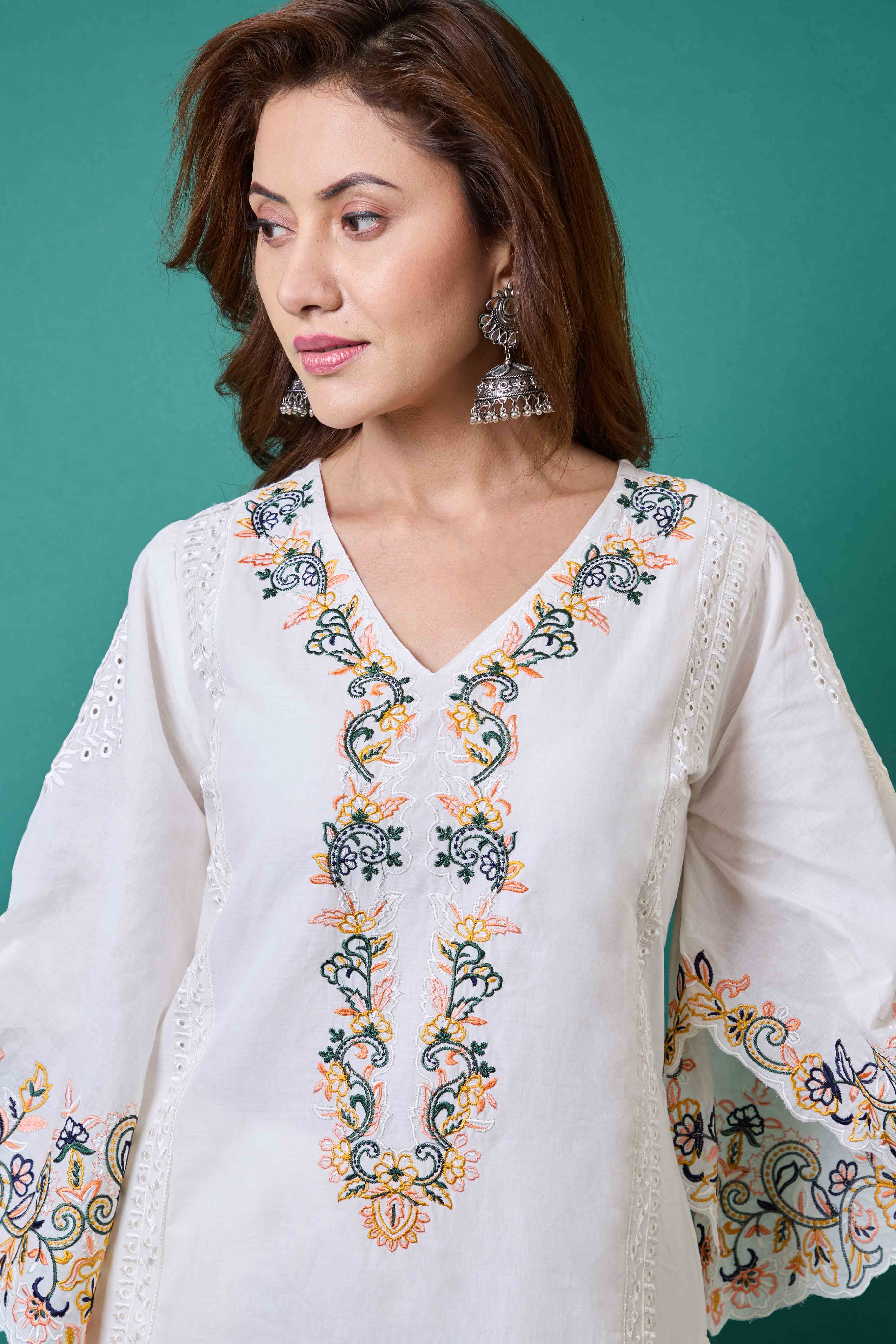 White Floral Embroidery Pure Cotton Co-Ord Set