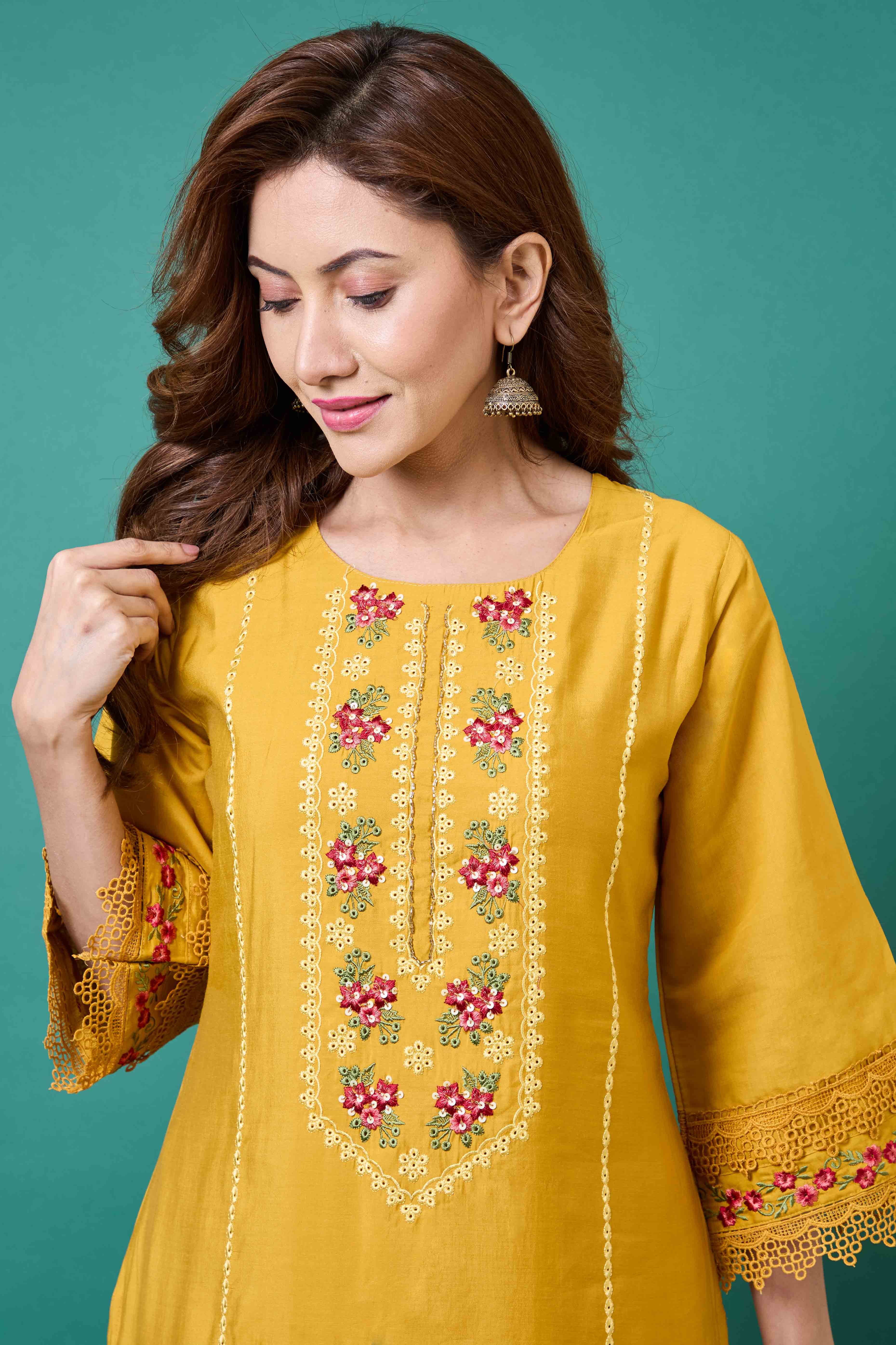 Mustard Floral Embroidered Chanderi Silk Salwar Suit