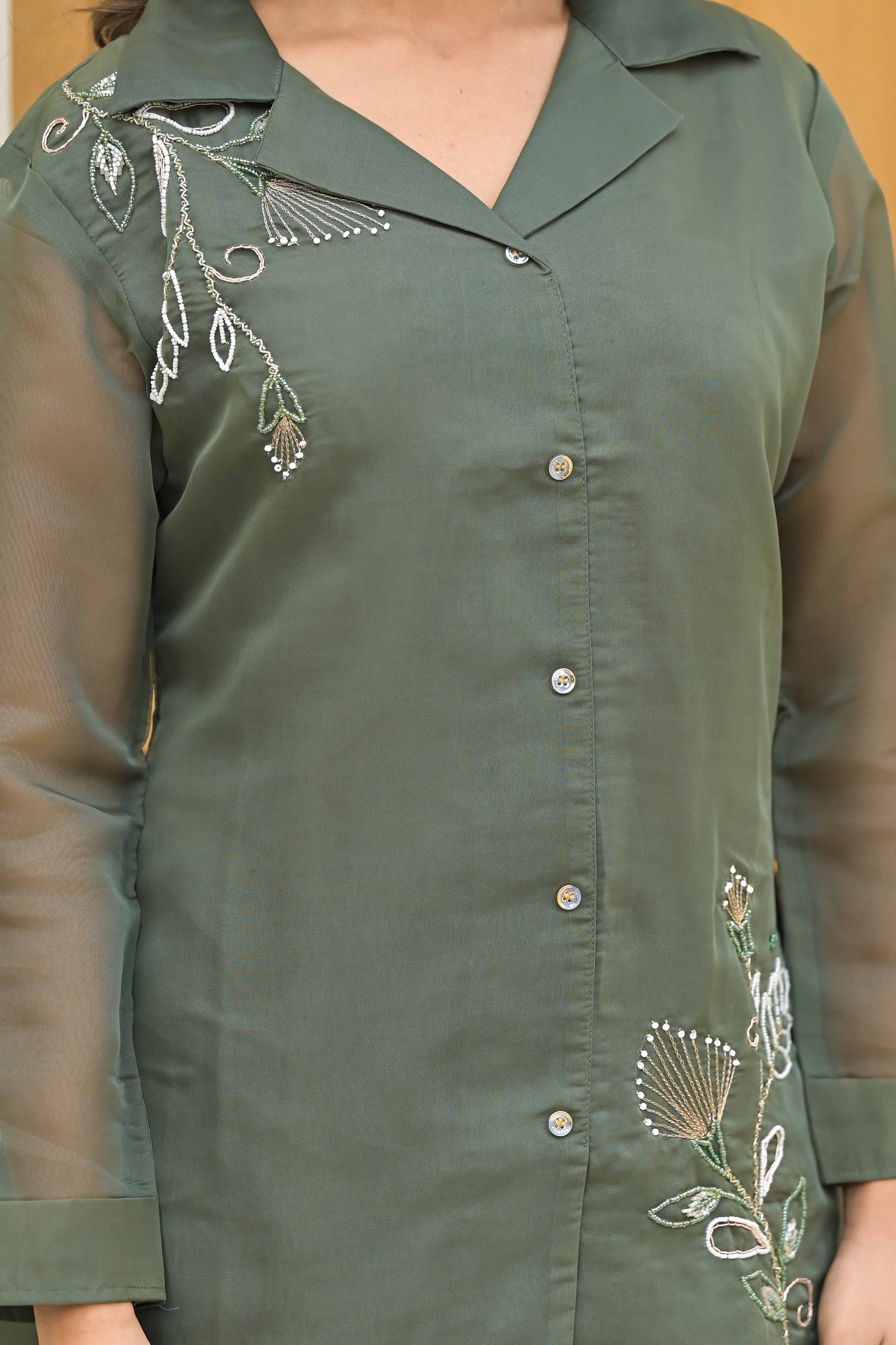 Olive Green Floral Embroidery Organza Co-Ord Set