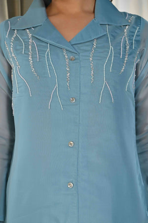 Light Blue Beads Work Embroidered Organza Co-Ord Set