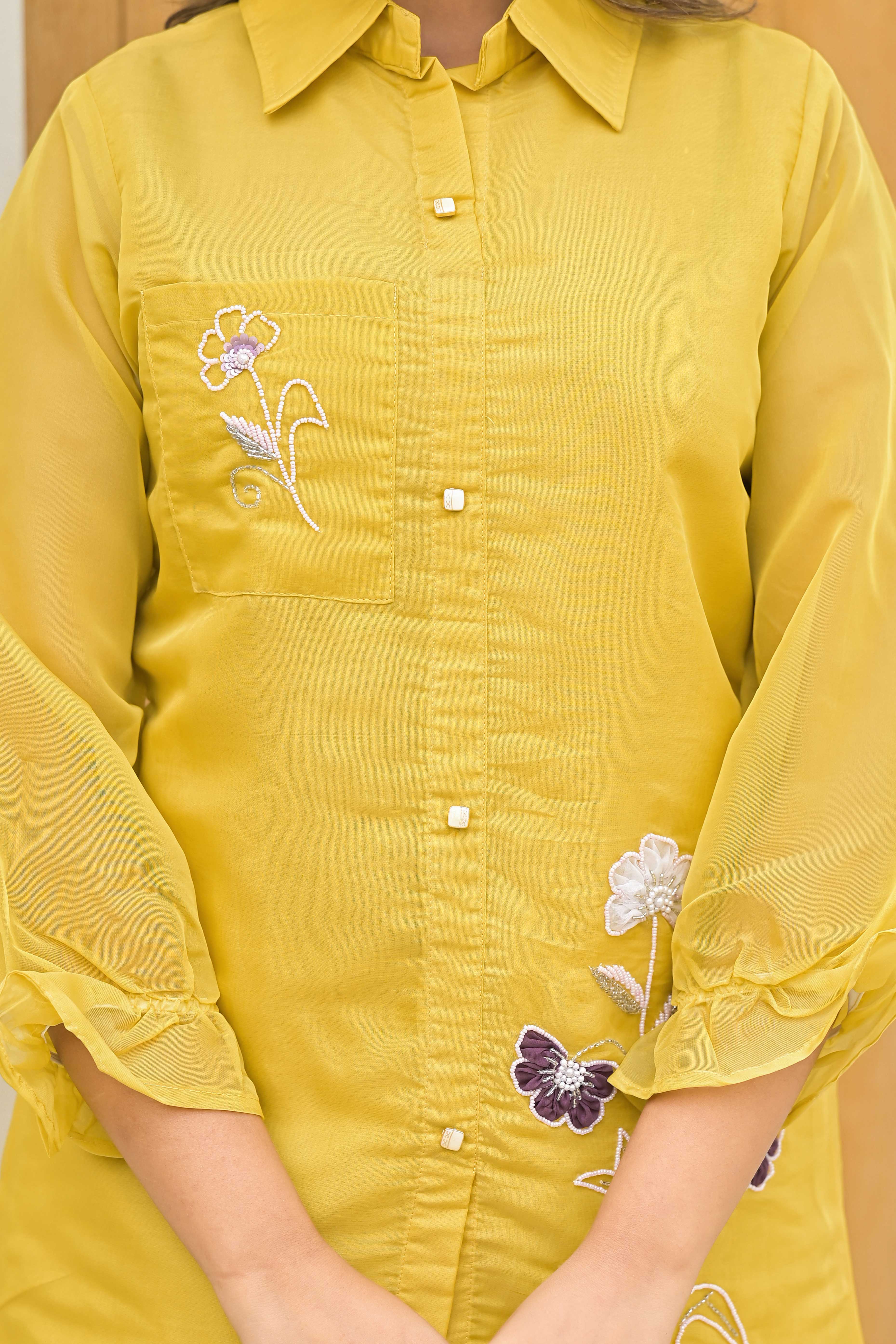 Mustard Floral Hand Embroidered Organza Co-Ord Set
