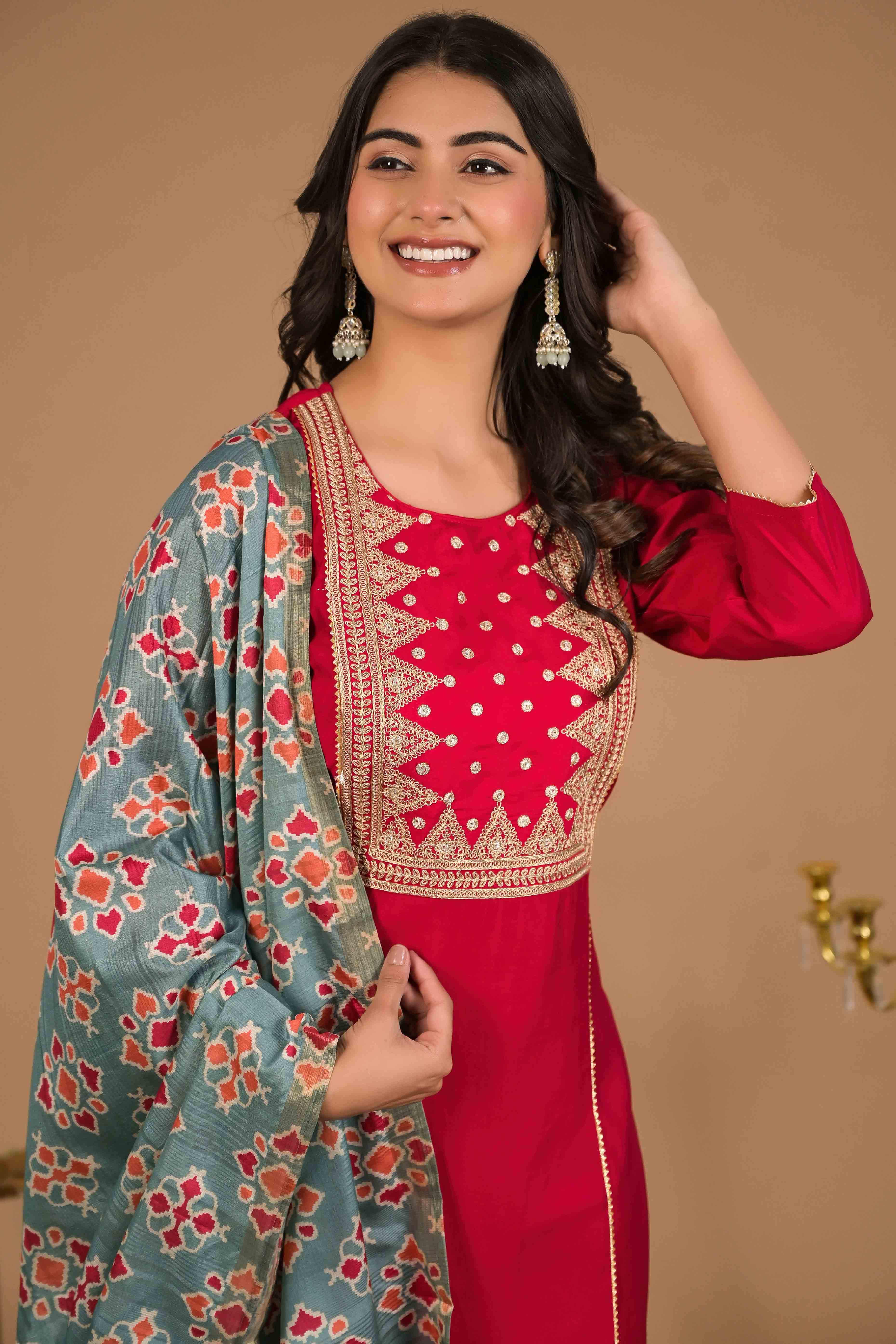 Pink Floral Embroidered Chanderi Silk Salwar Suit