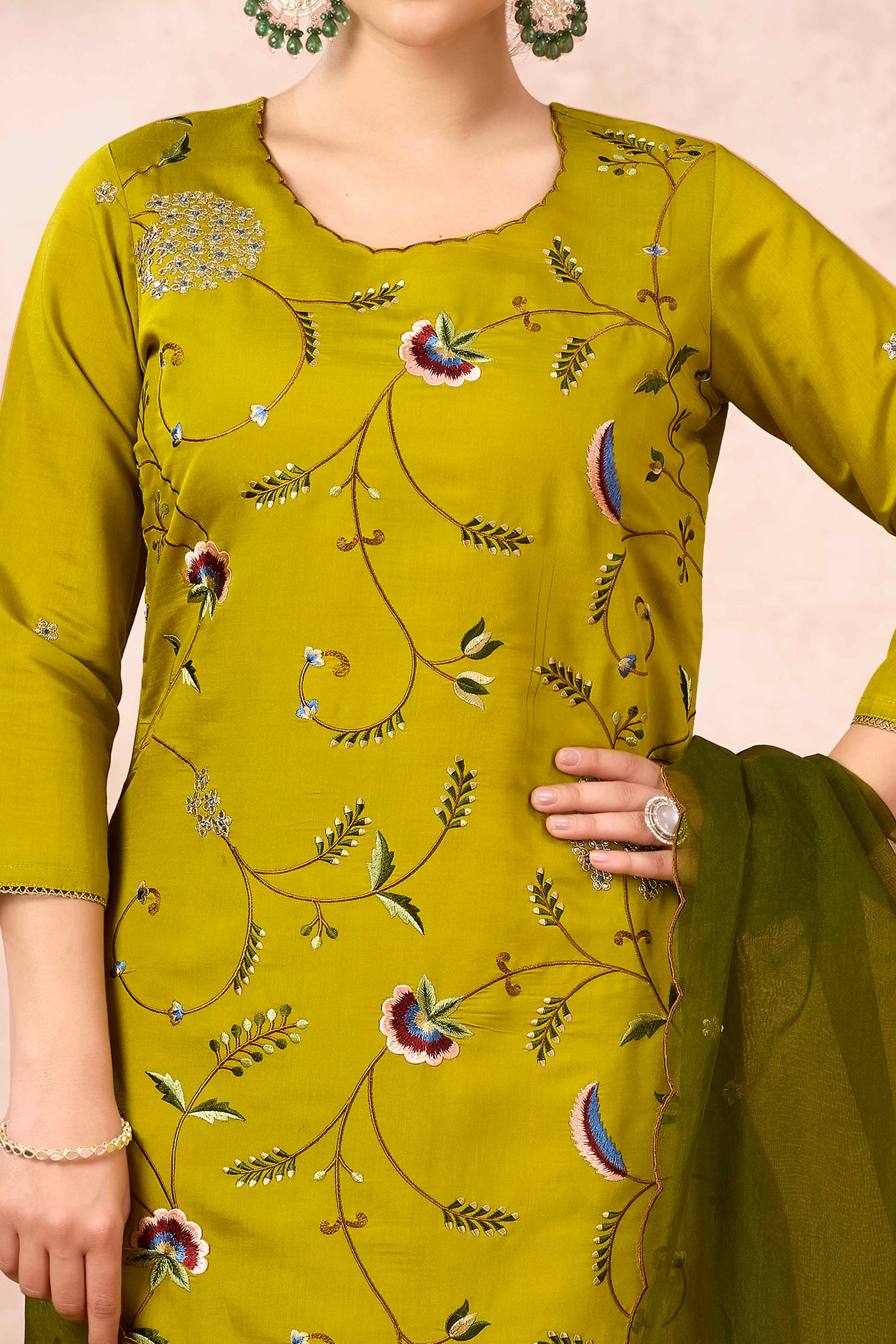 Lime Yellow Floral Embroidered Muslin Straight Salwar Suit