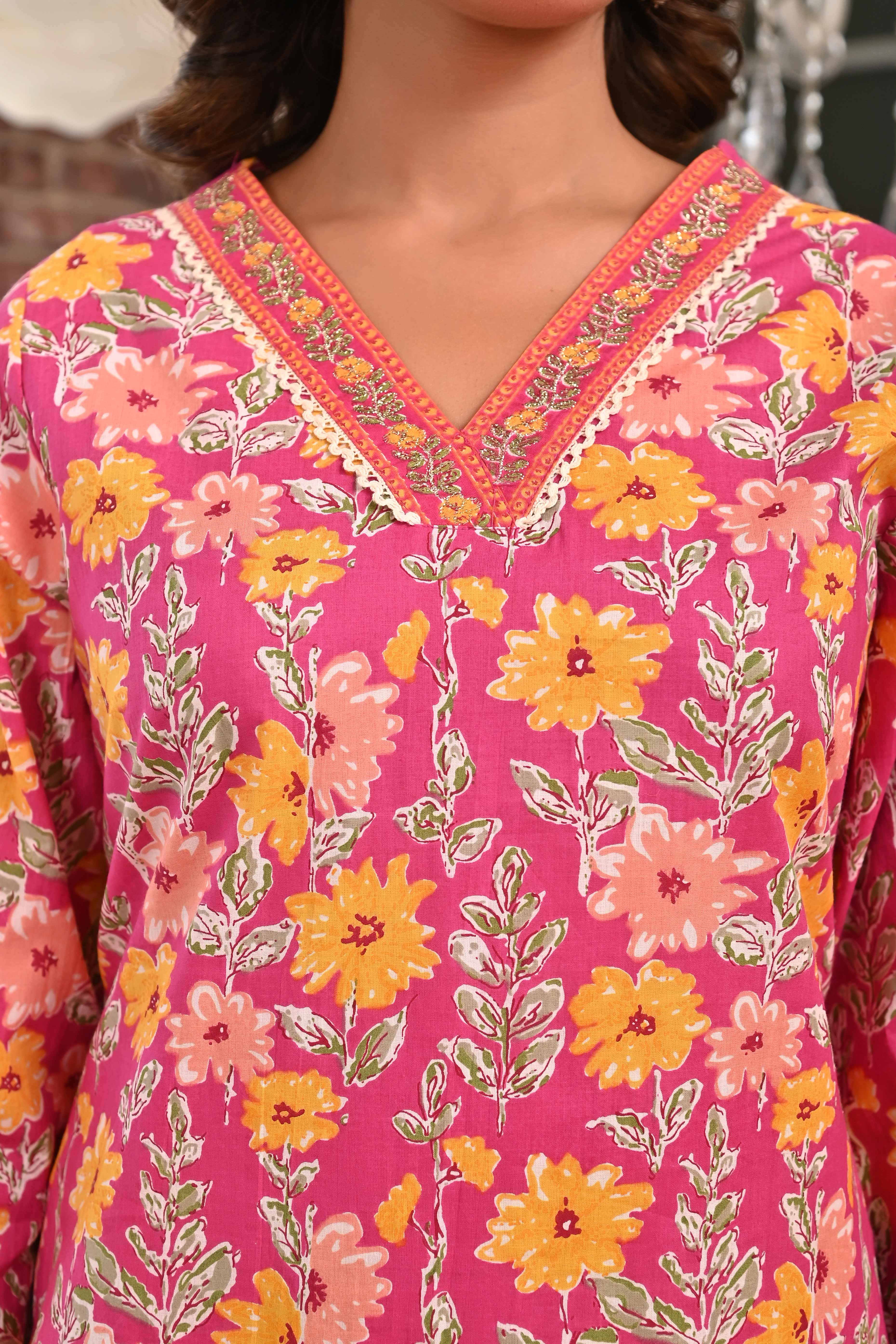 Pink Floral Printed Pure Cotton Straight Cut Suit Accentuated With Graceful Embroidery