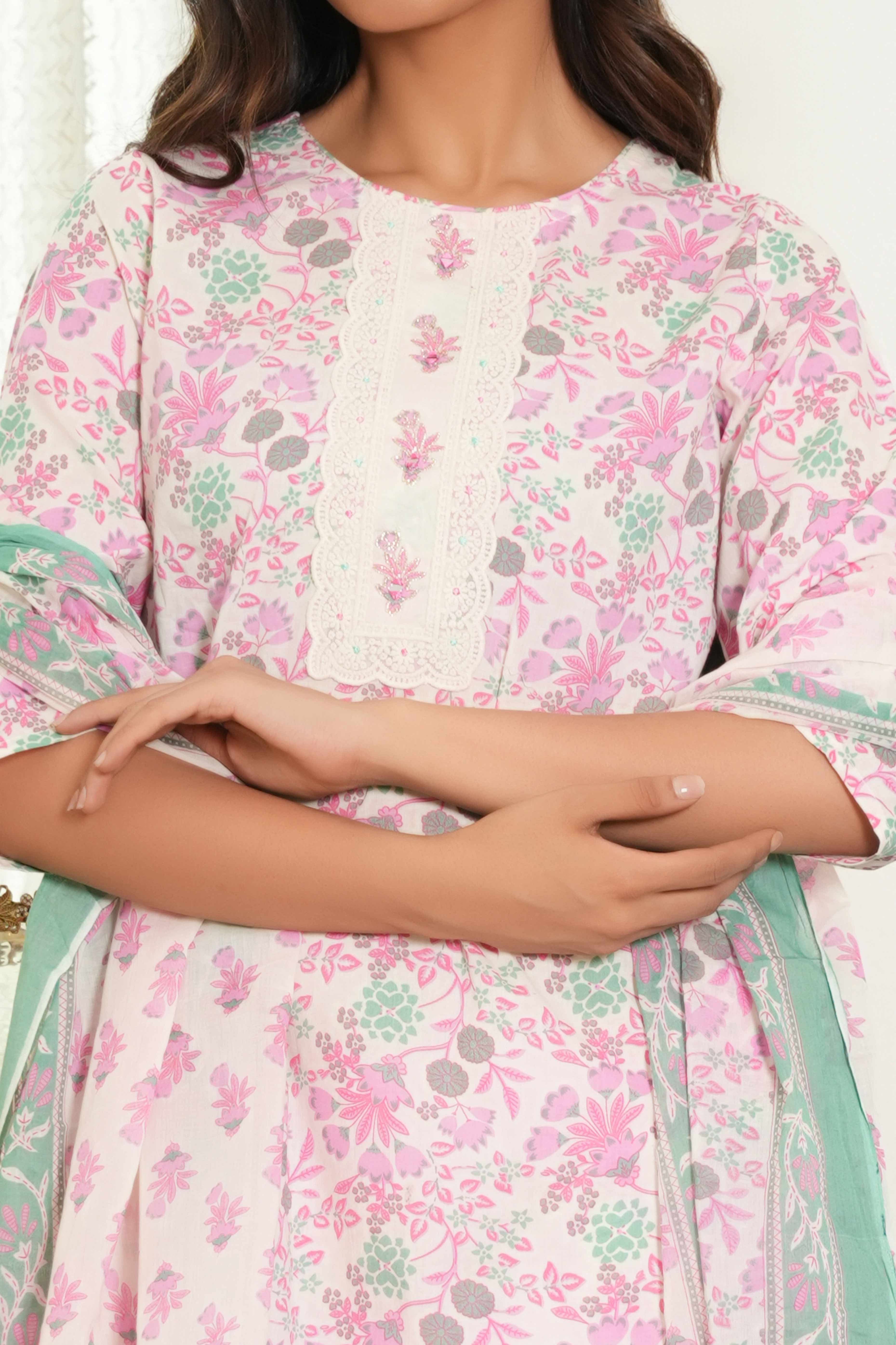 White & Pink Floral Printed Pure Cotton Straight Salwar Suit for Every Occasion