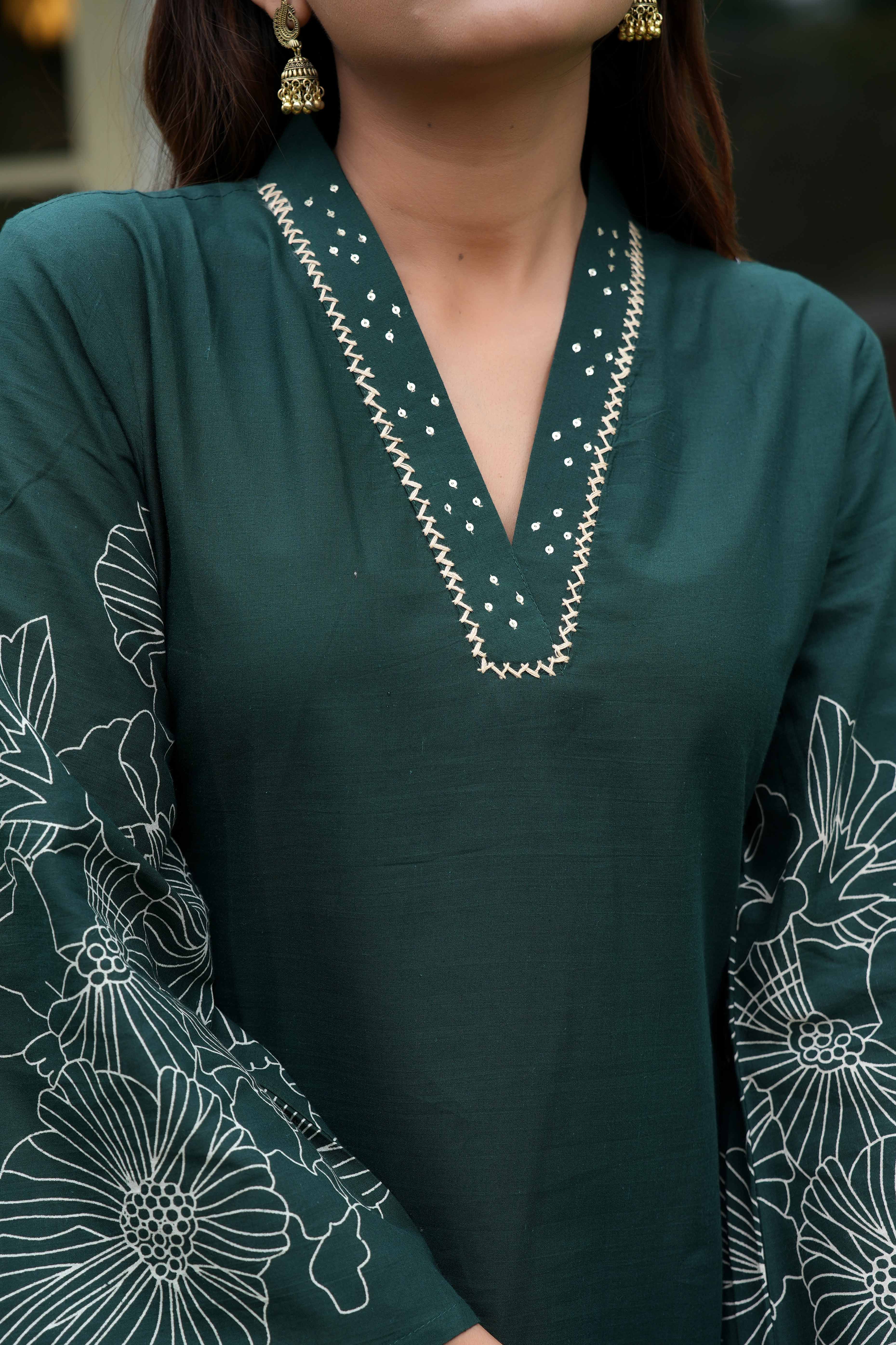 Stylish A-Line Cotton Co-Ord Set in Bottle Green with Floral Prints