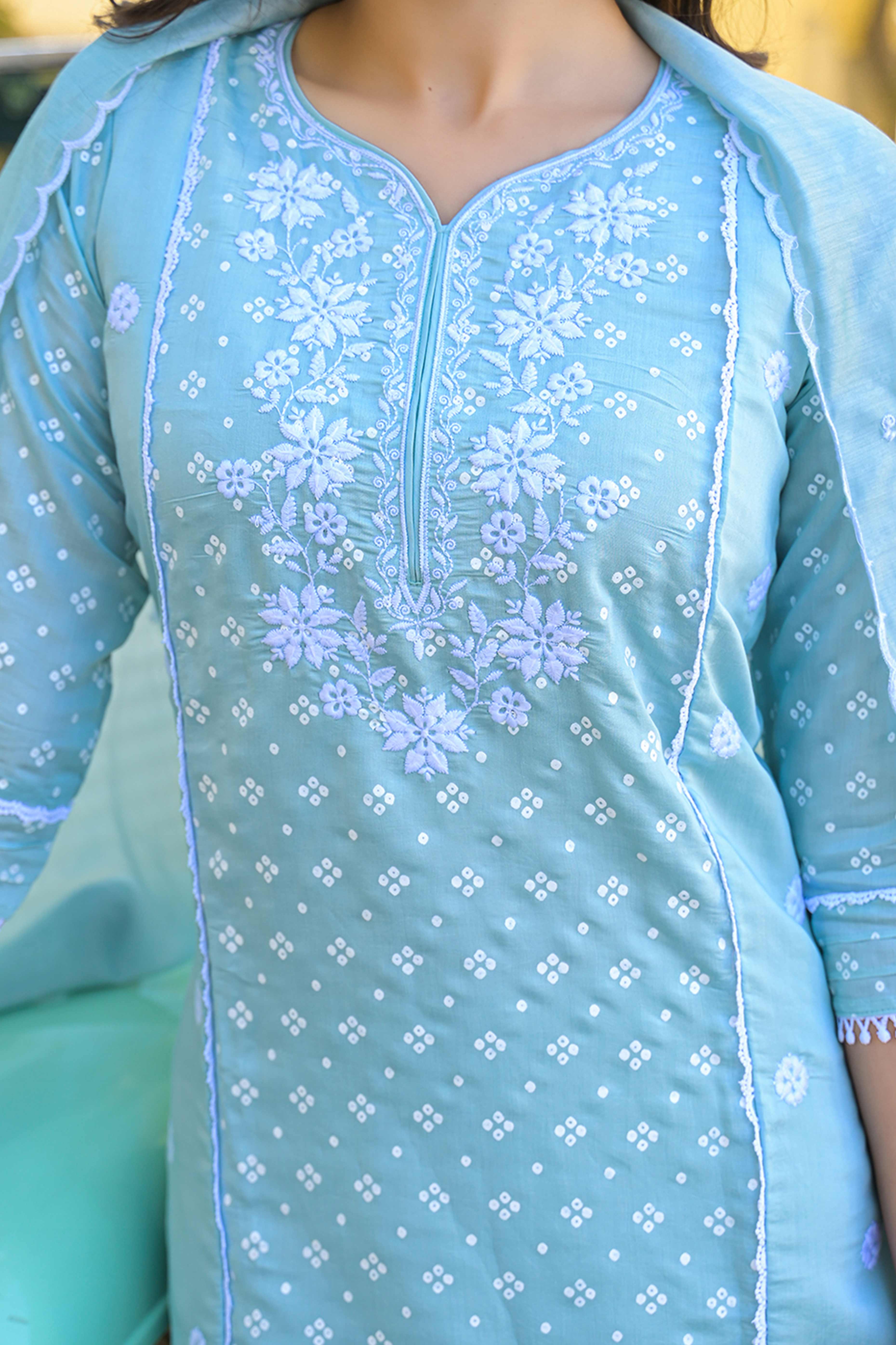 Turquoise Floral Embroidered Chanderi Silk Straight Salwar Suit