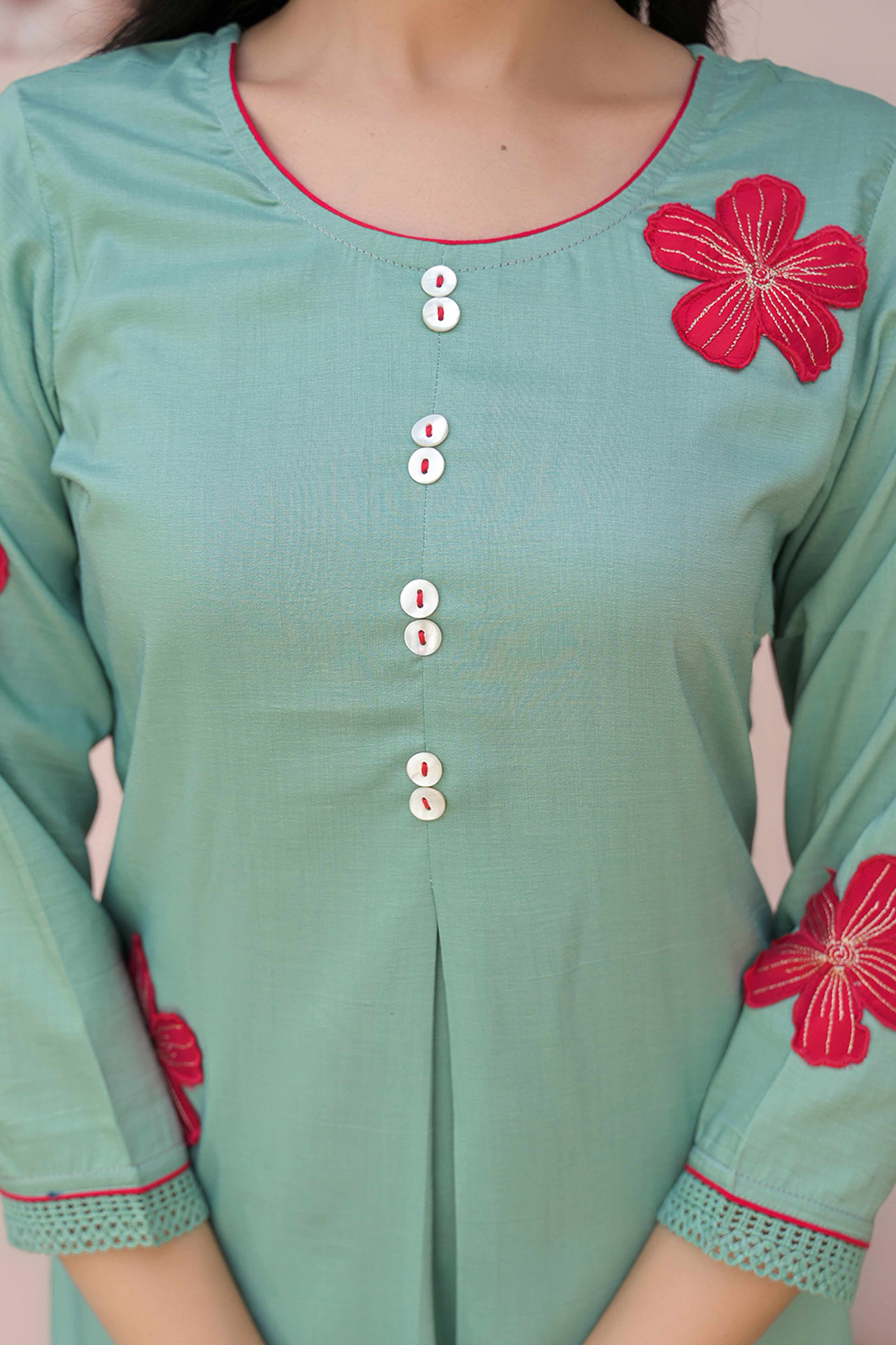 Sea Green Cotton Blend Straight Kurti with Embroidered Floral Patterns