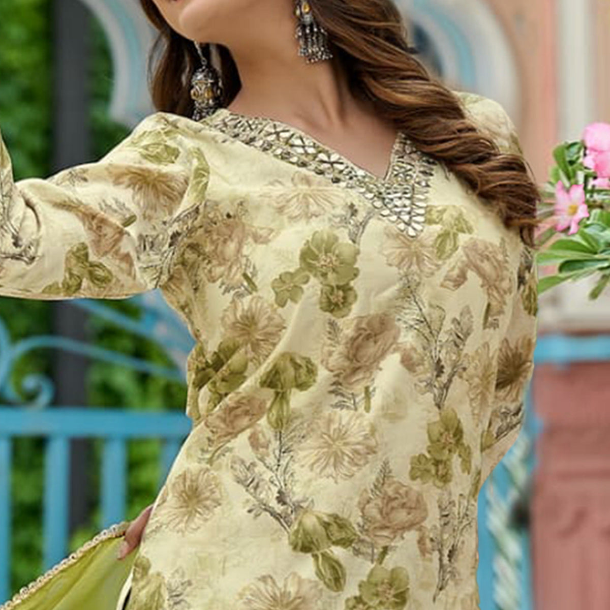 Pista Green Floral Foil Printed Chanderi Suit