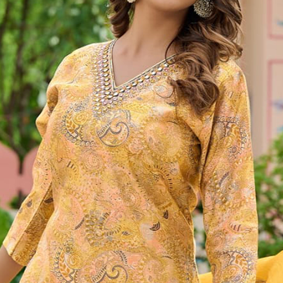 Yellow Floral Foil Printed Chanderi Suit