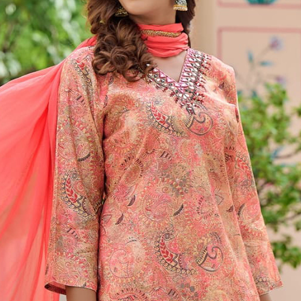 Peach Floral Foil Printed Chanderi Suit