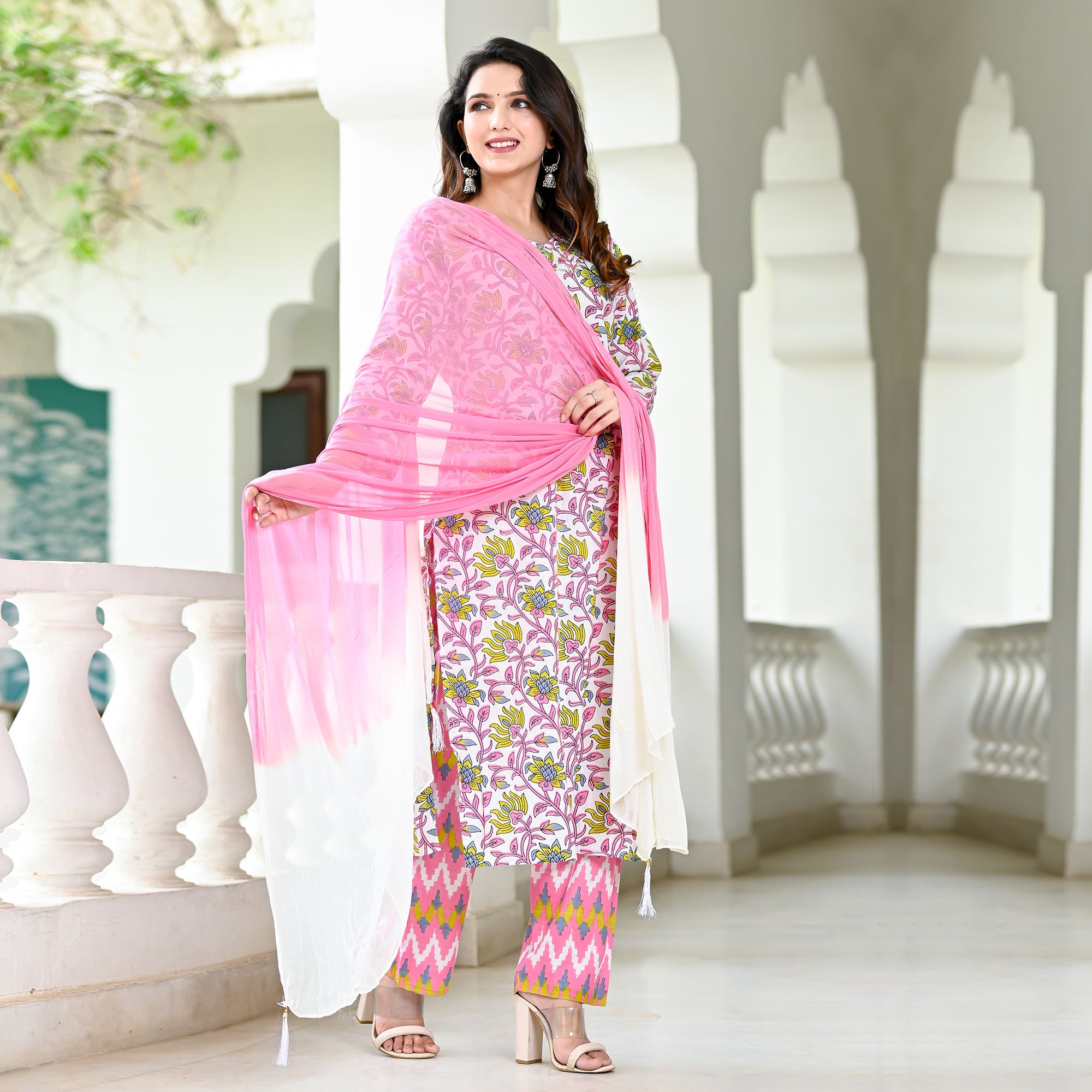 White Green Floral Printed Pure Cotton Salwar Suit
