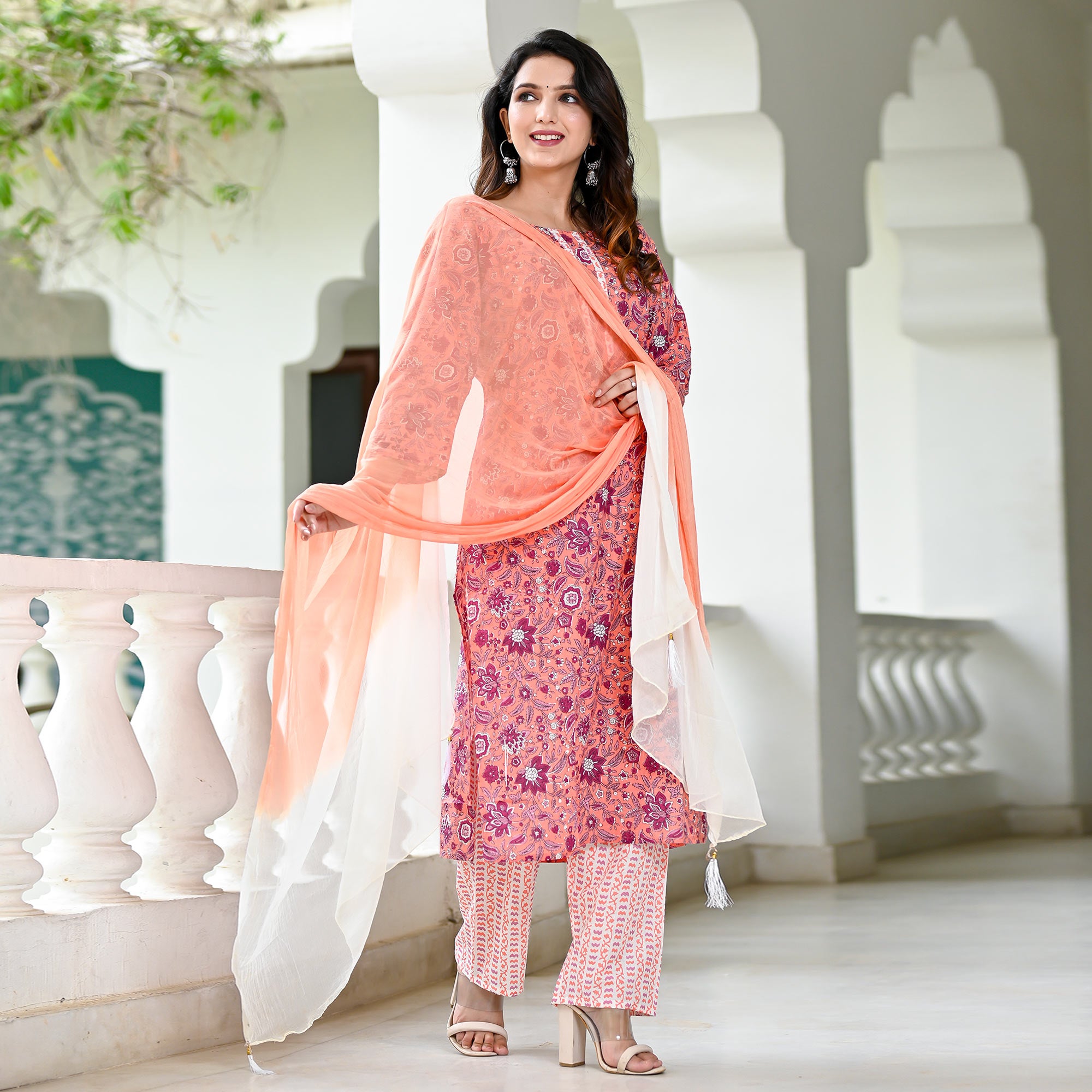 Peach Floral Printed Pure Cotton Suit