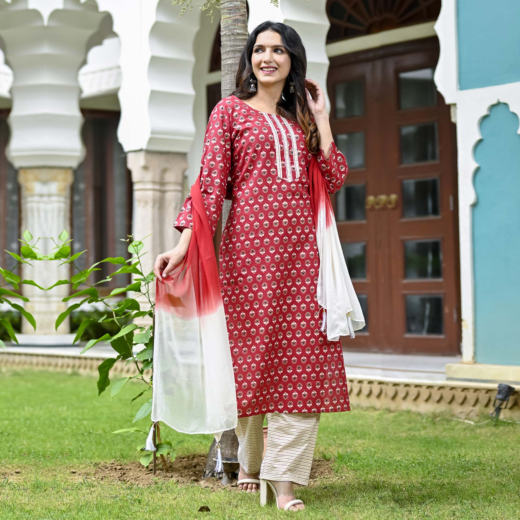 Maroon Floral Foil Printed Pure Cotton Suit