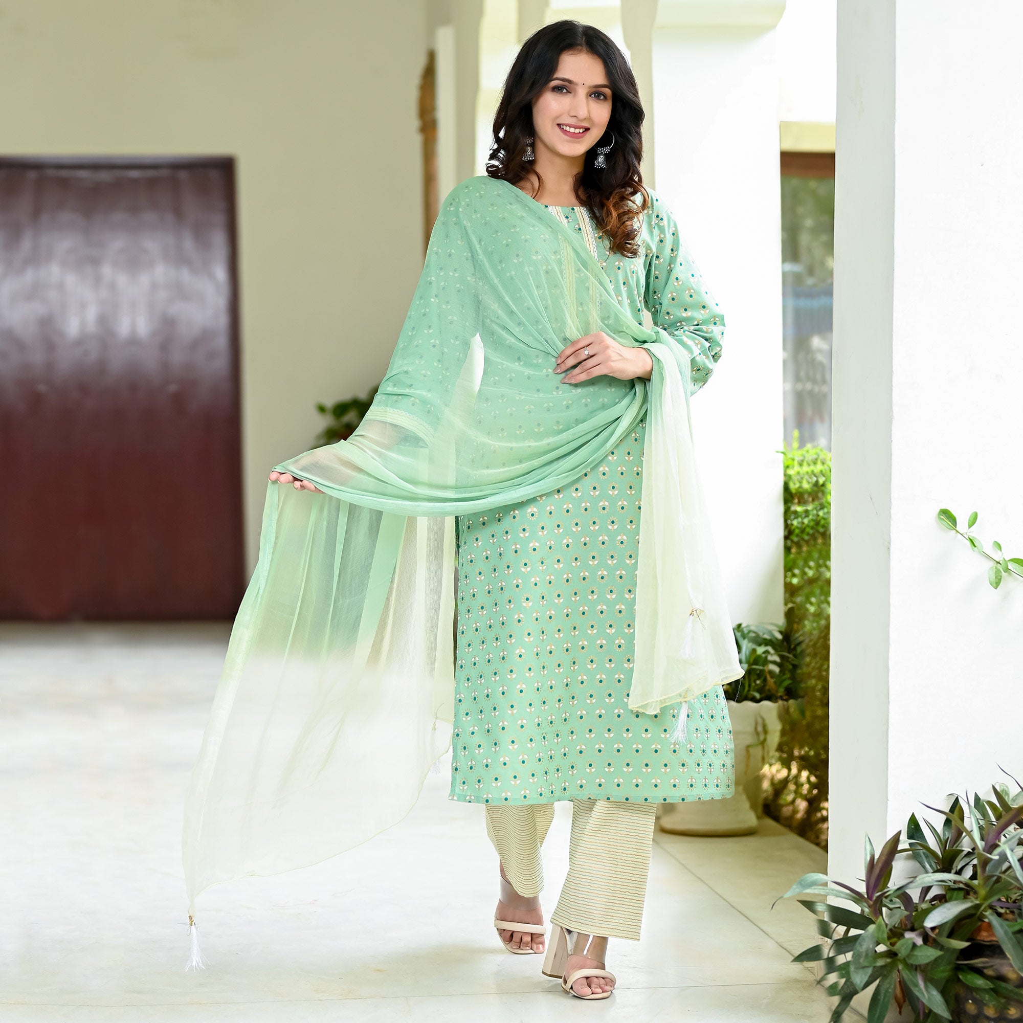 Green Floral Foil Printed Pure Cotton Suit