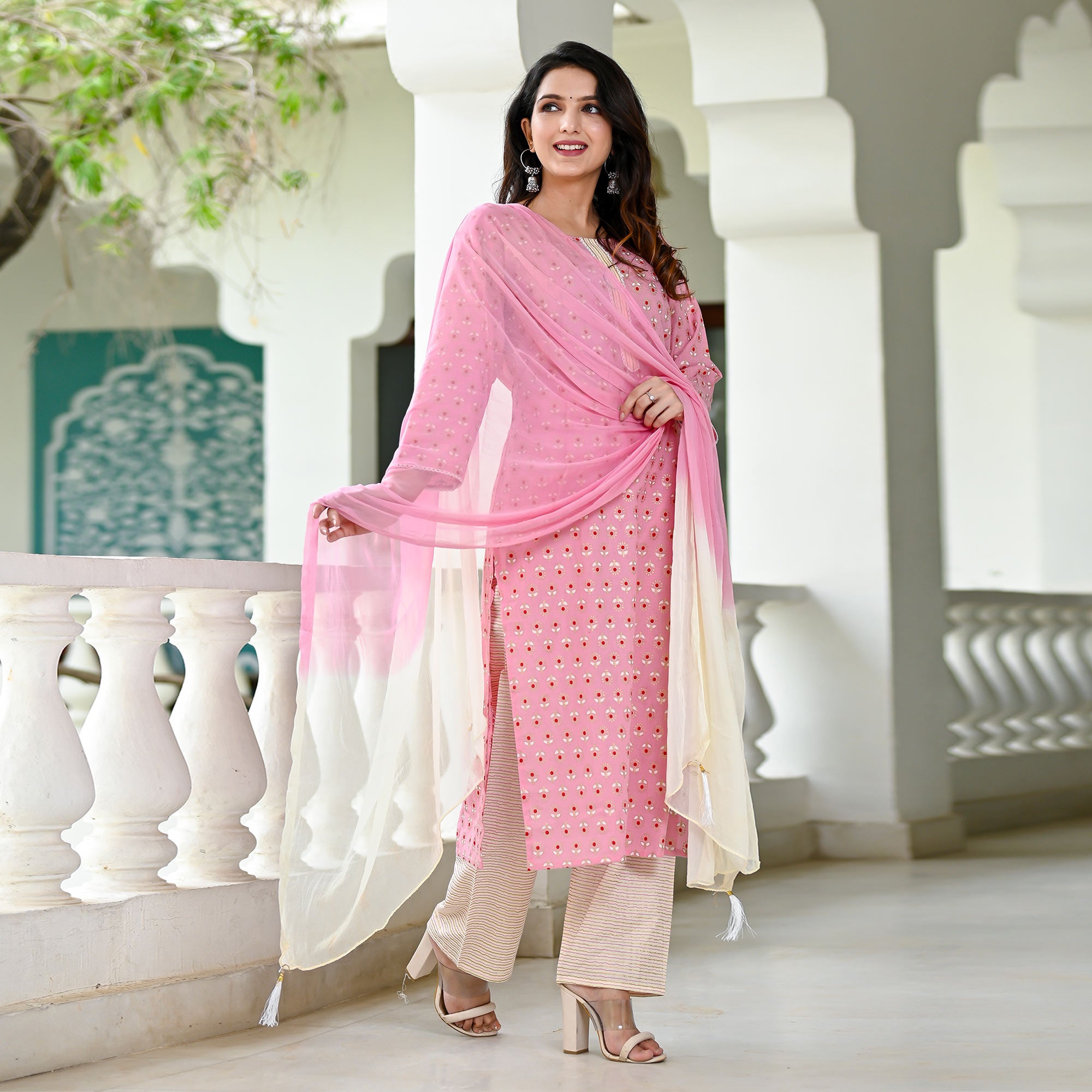 Pink Floral Foil Printed Pure Cotton Suit