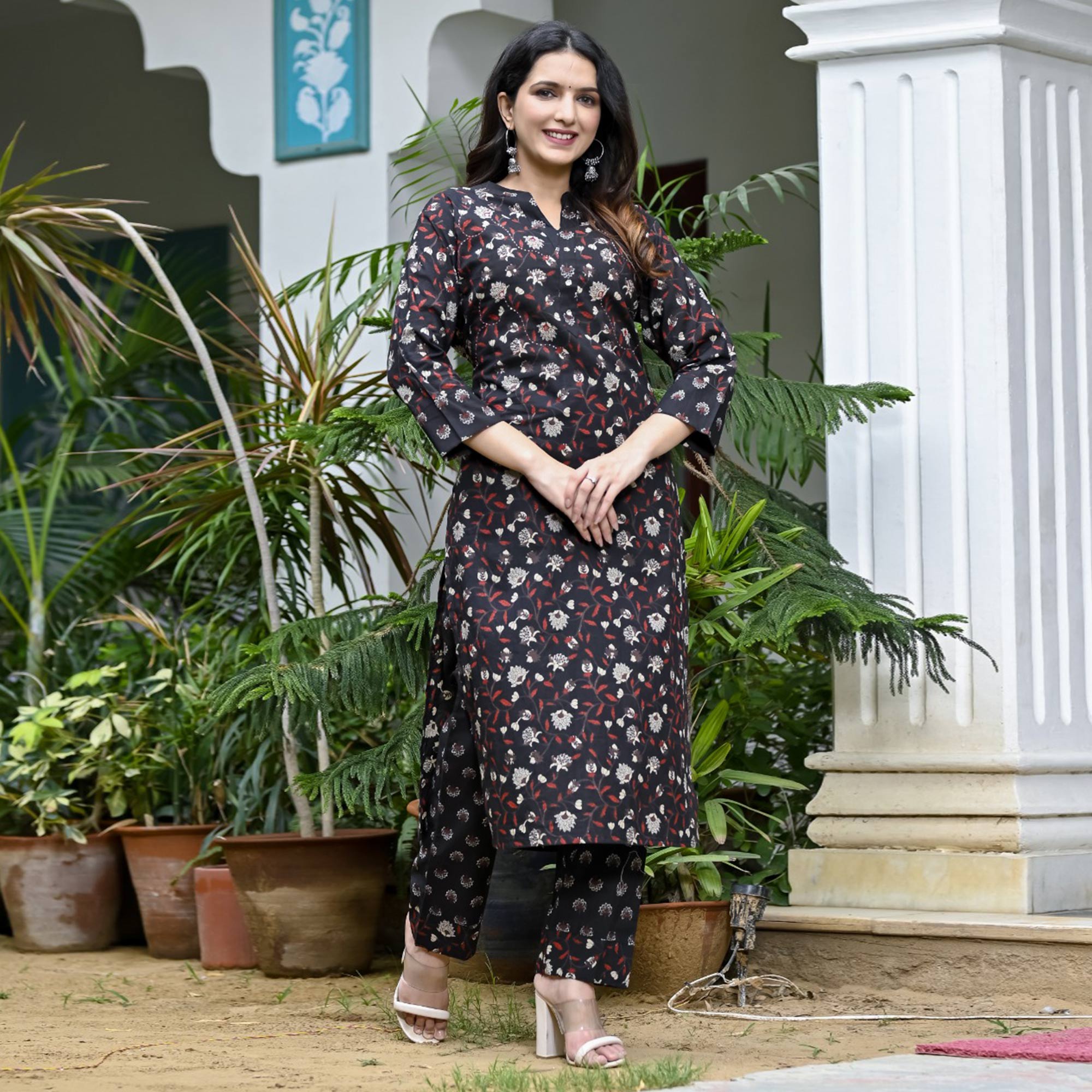 Black Floral Printed Pure Cotton Kurti Pant Set