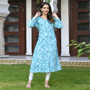 Blue Floral Printed Pure Cotton Kurti