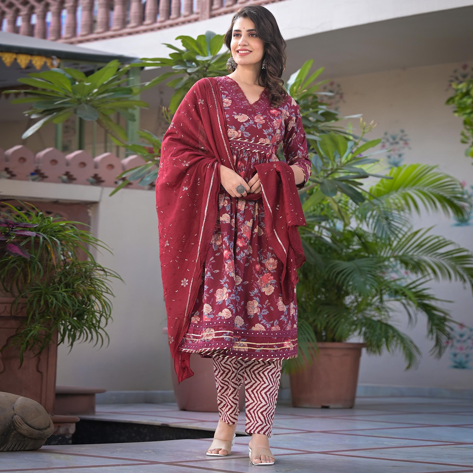 Maroon Floral Printed Pure Cotton Anarkali Salwar Suit