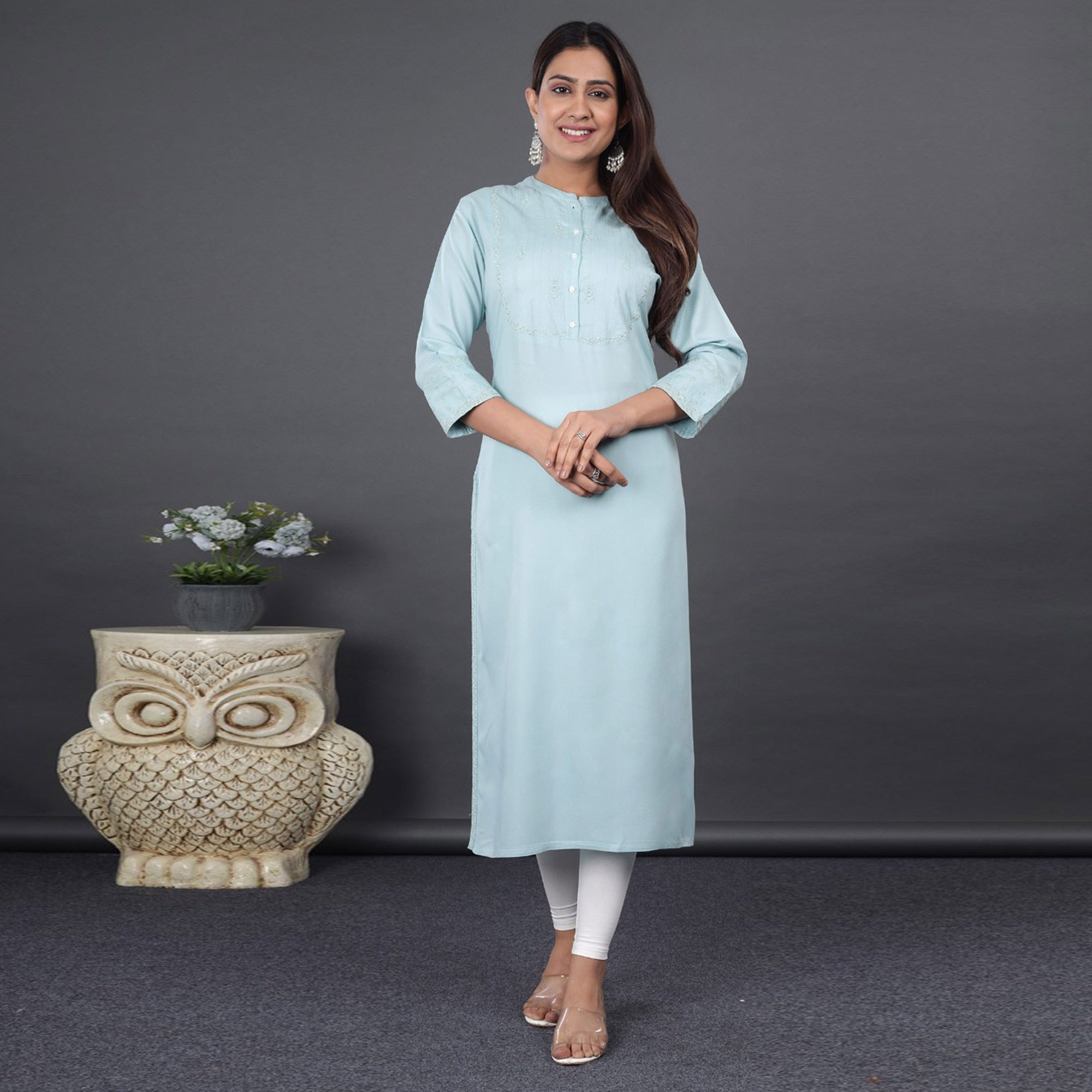 Blue Embroidered Pure Cotton Kurti