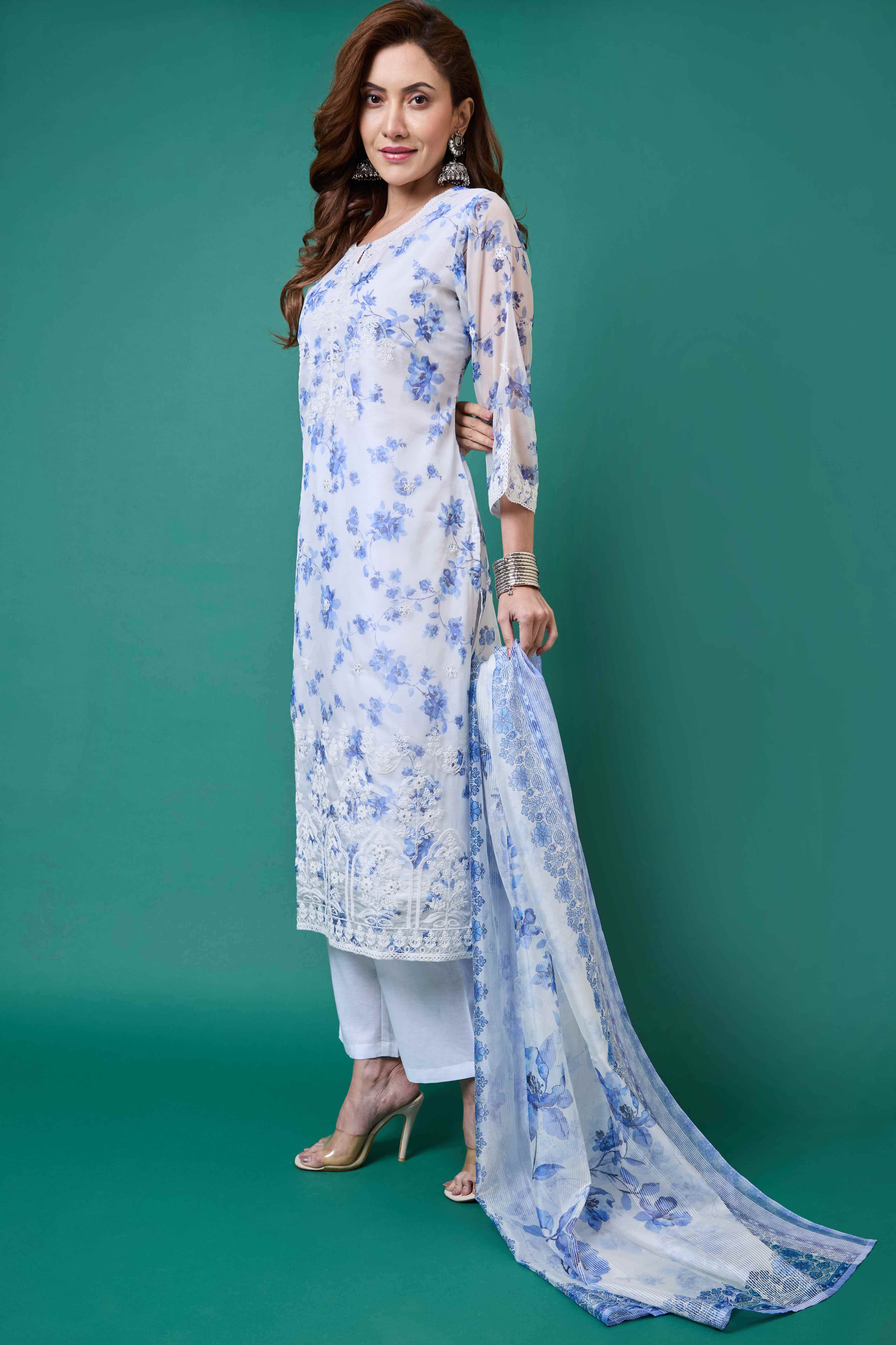 White Floral Embroidery with Printed Organza Salwar Suit