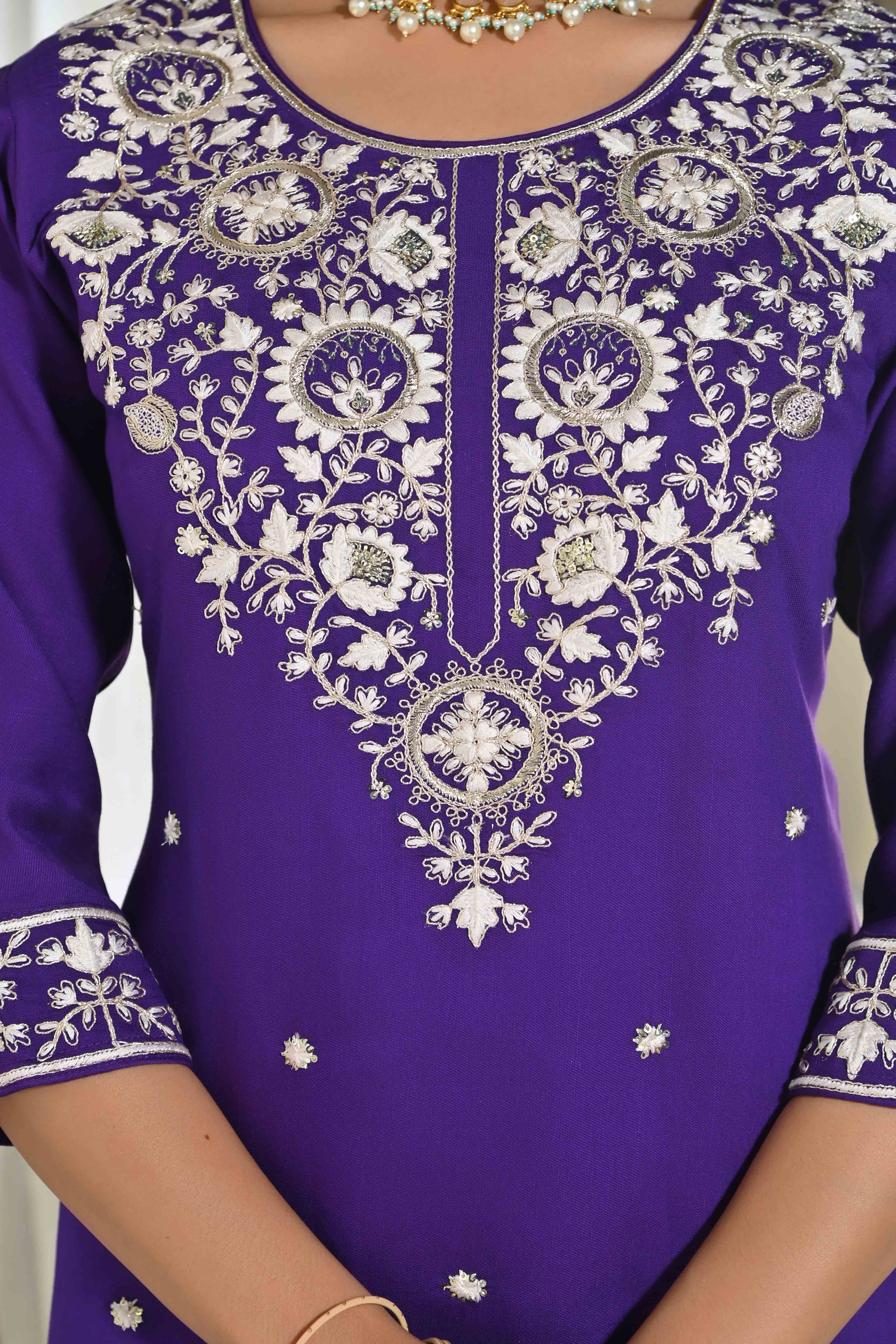 Violet Sequins Embroidered Cotton Silk Salwar Suit