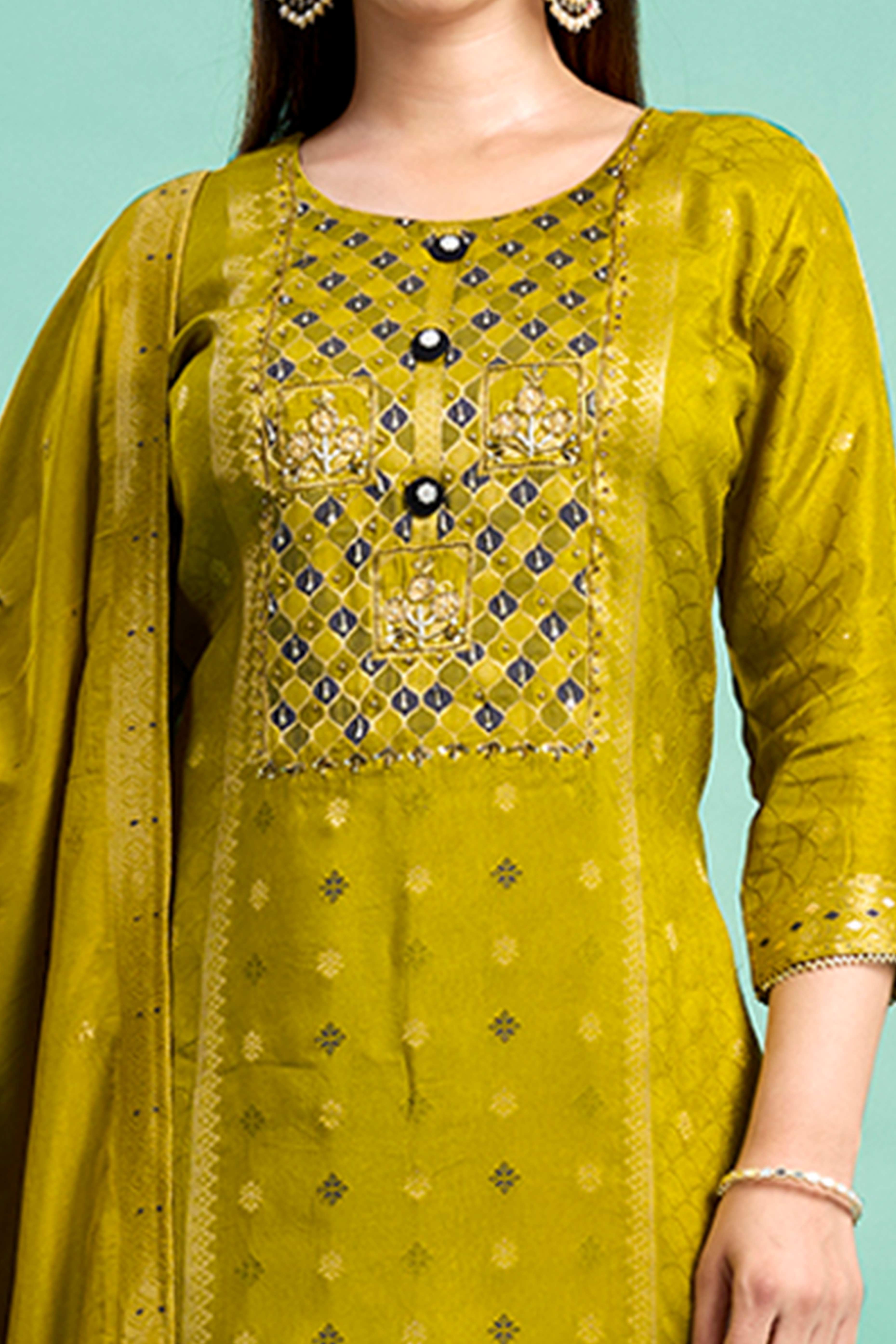 Olive Stone Work Weaving Pure Viscose Salwar Suit