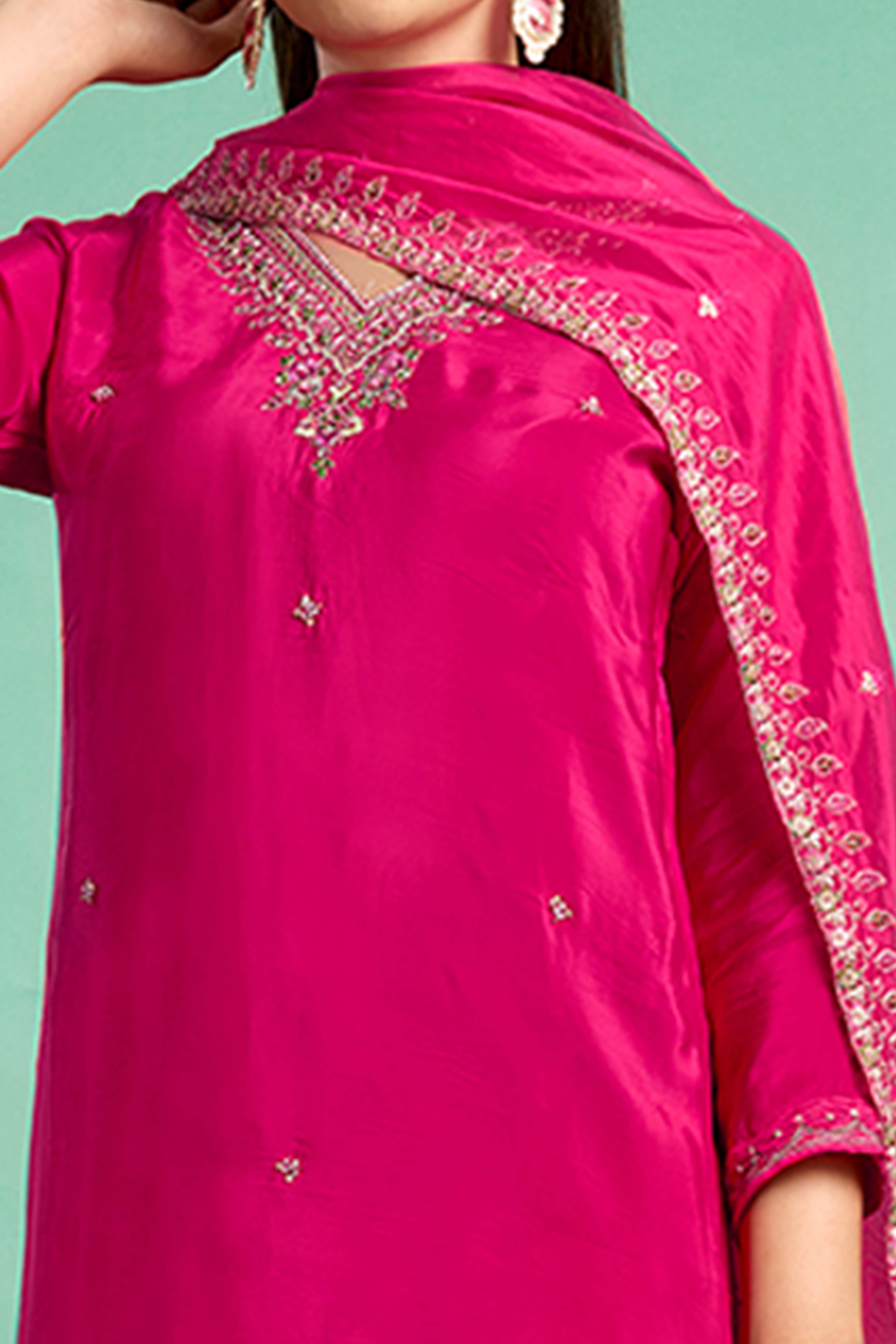 Rani Pink Sequins Embroidered Viscose Crepe Straight Salwar Suit