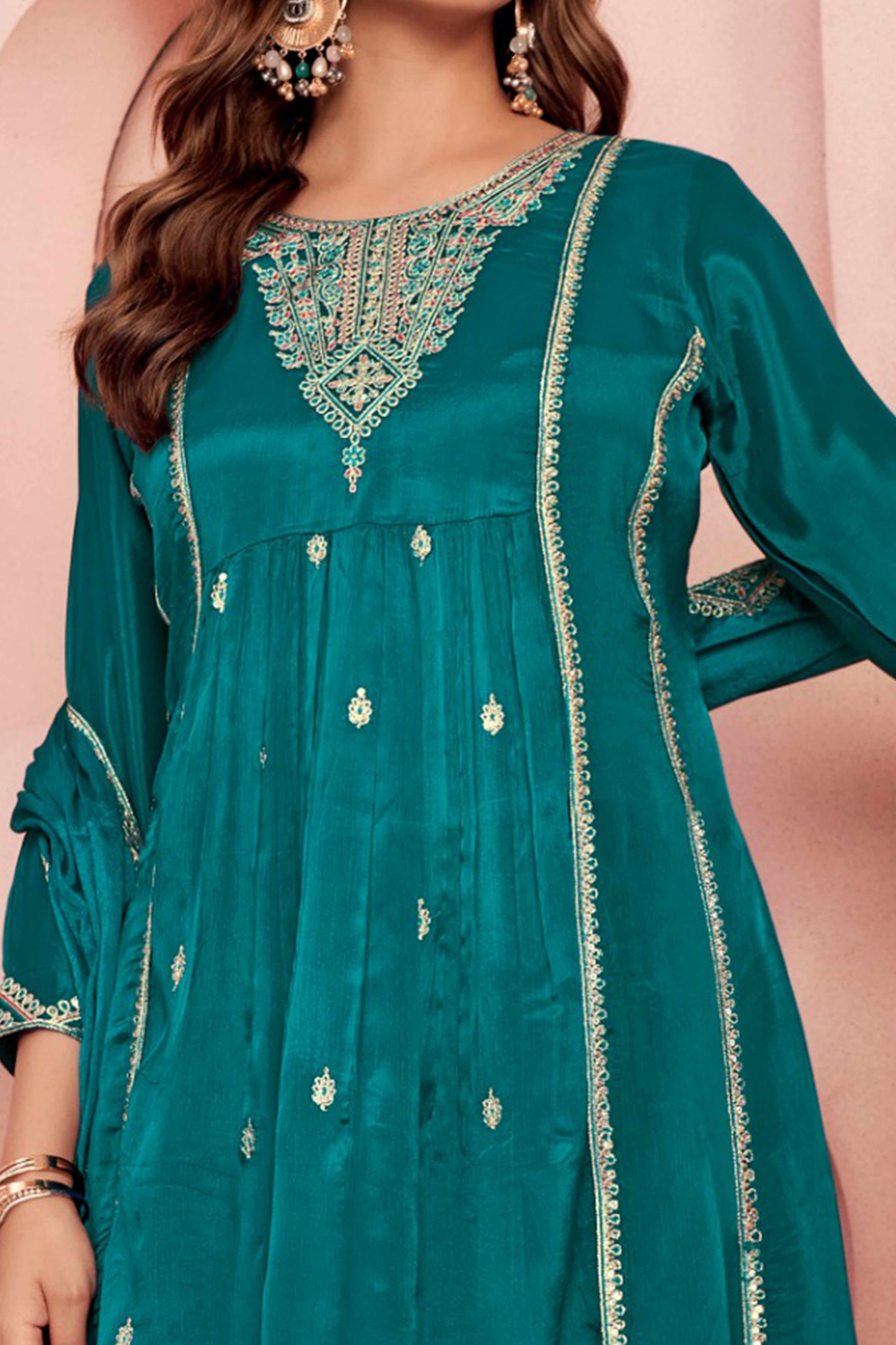Teal Viscose Chinon A-Line Suit with Elegant Thread Embroidery